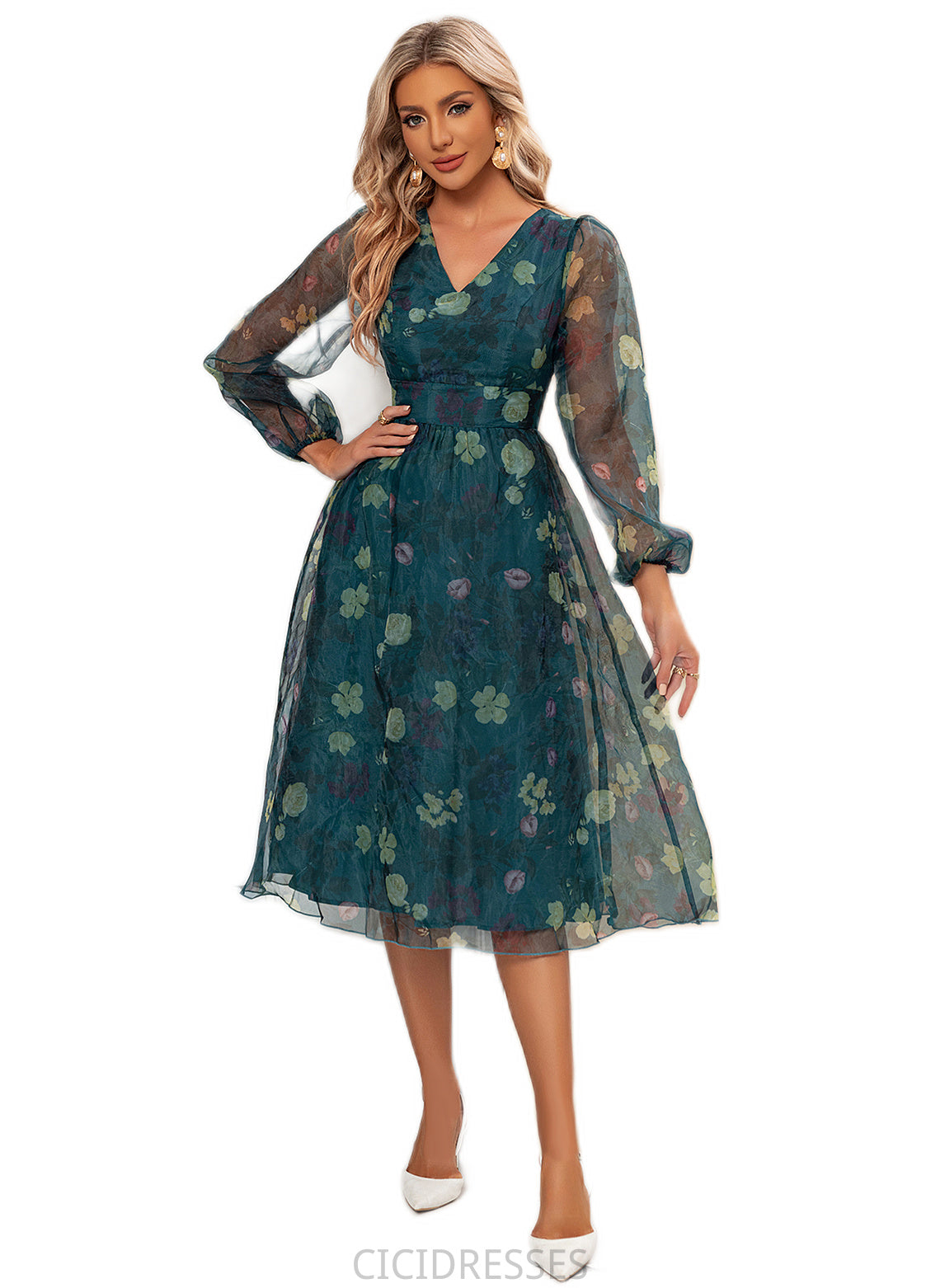 Theresa Floral Print V-Neck Elegant A-line Organza Midi Dresses CIC8P0022297