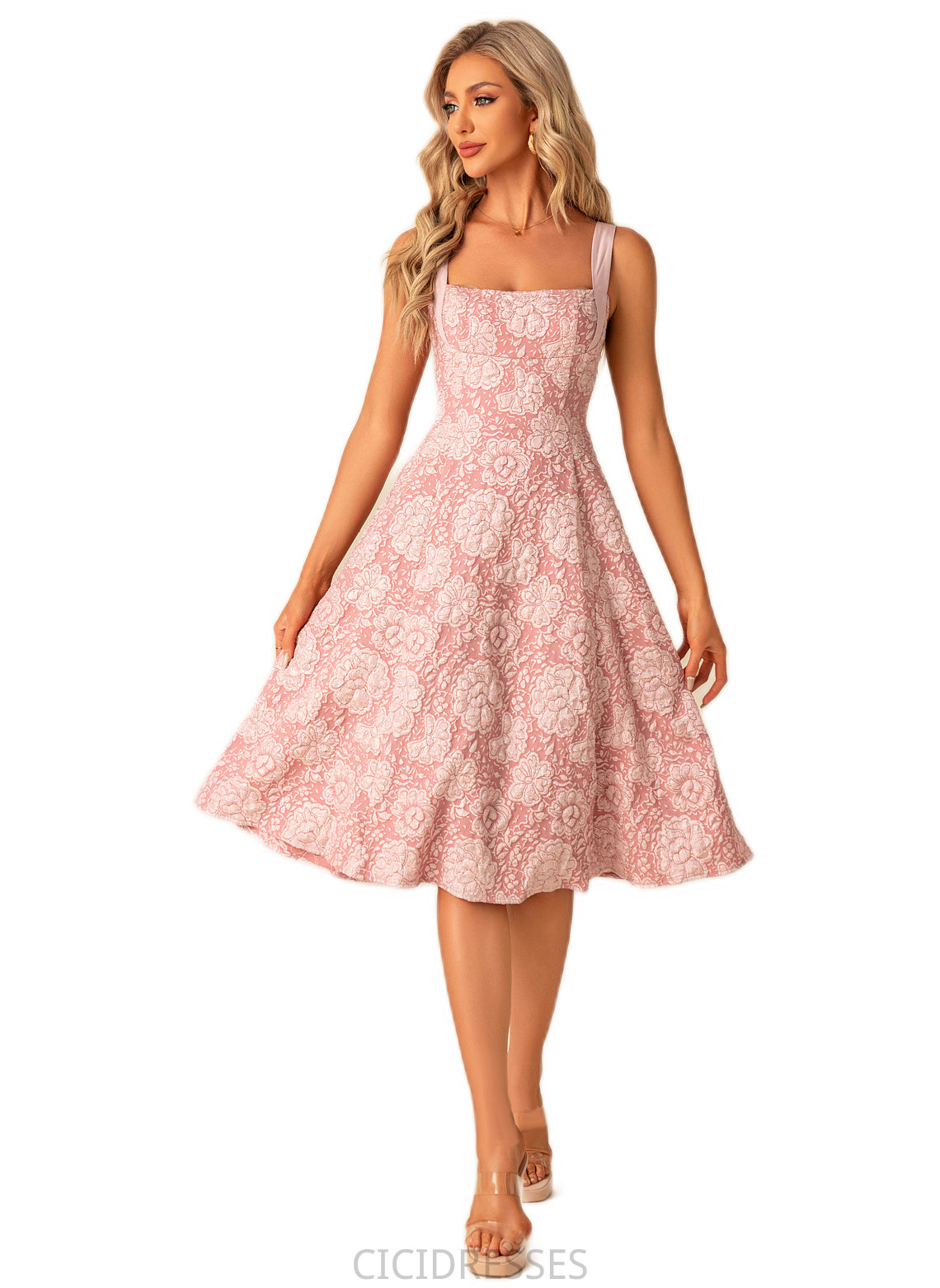Alexa A-line Square Knee-Length Polyester Bridesmaid Dress With Bow Flower Jacquard CIC8P0022564