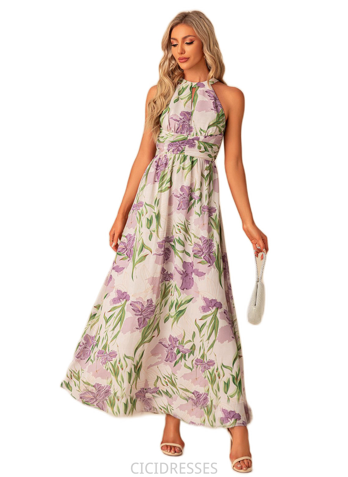 Hortensia A-line Halter Floor-Length Chiffon Bridesmaid Dress With Floral Print CIC8P0022565