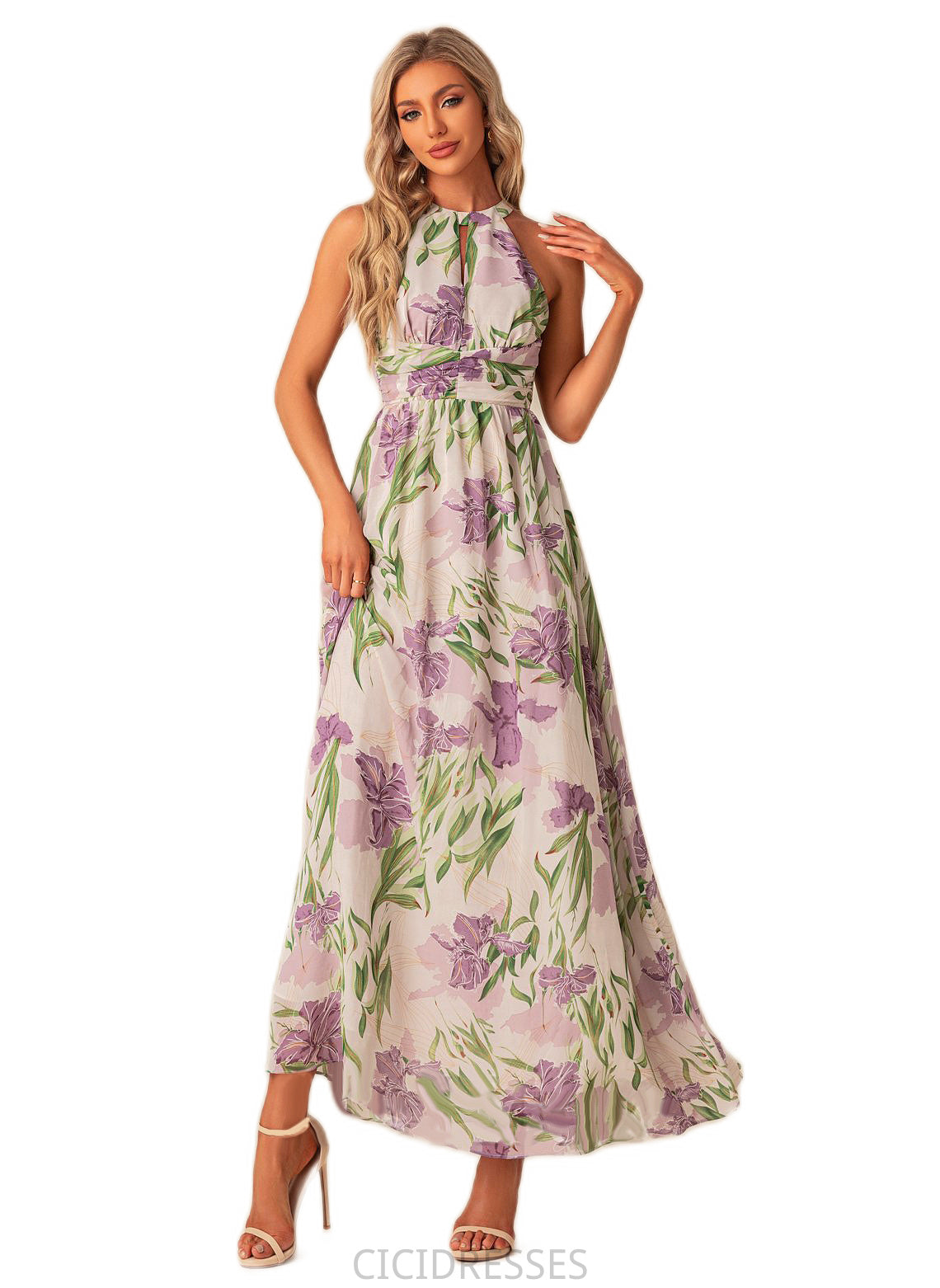 Hortensia A-line Halter Floor-Length Chiffon Bridesmaid Dress With Floral Print CIC8P0022565