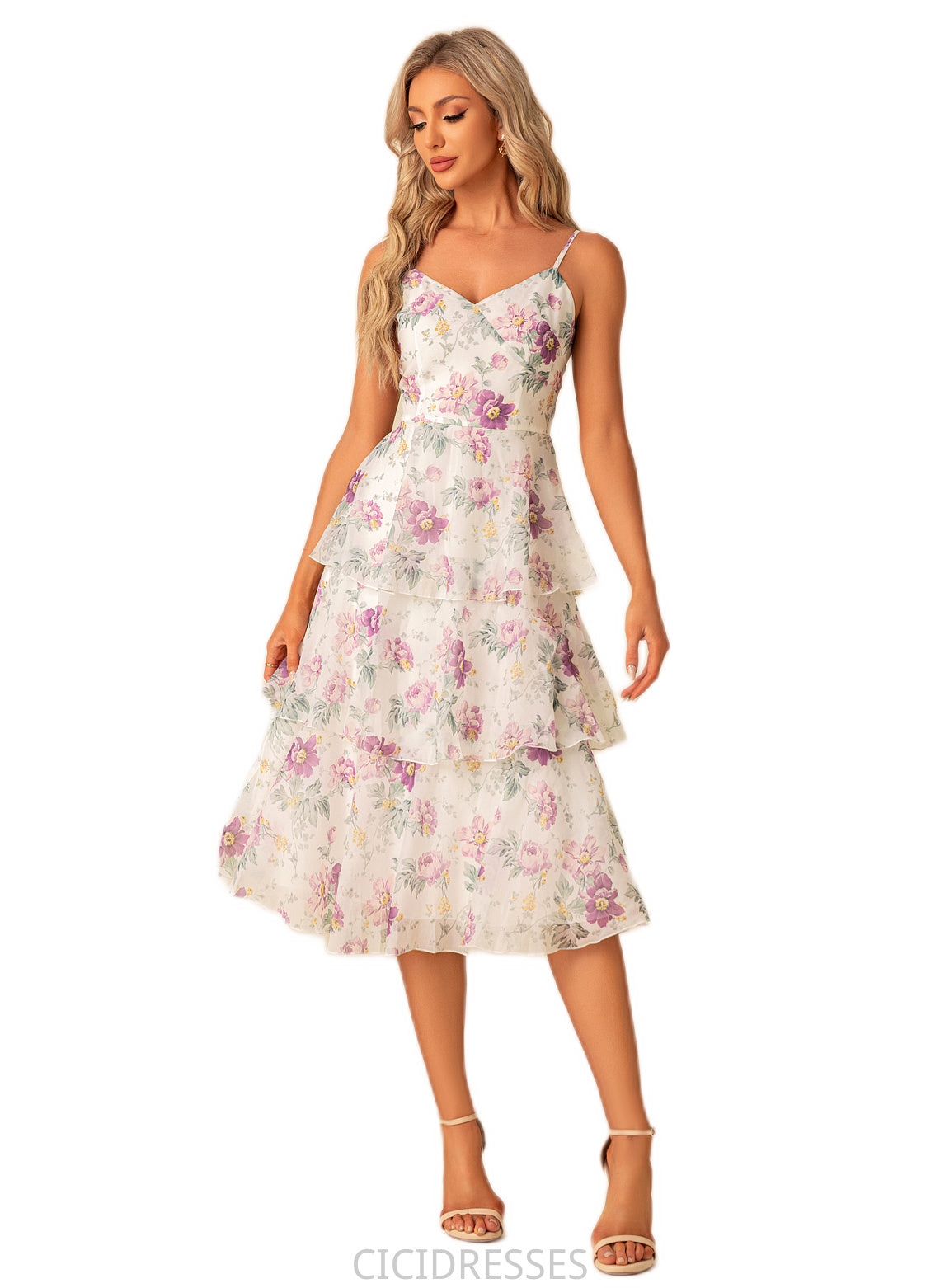 Alia A-line V-Neck Tea-Length Chiffon Bridesmaid Dress With Cascading Ruffles Floral Print CIC8P0022567