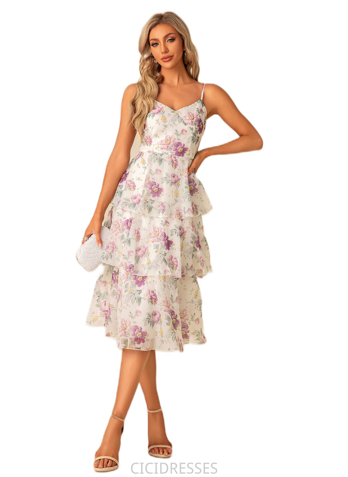 Alia A-line V-Neck Tea-Length Chiffon Bridesmaid Dress With Cascading Ruffles Floral Print CIC8P0022567