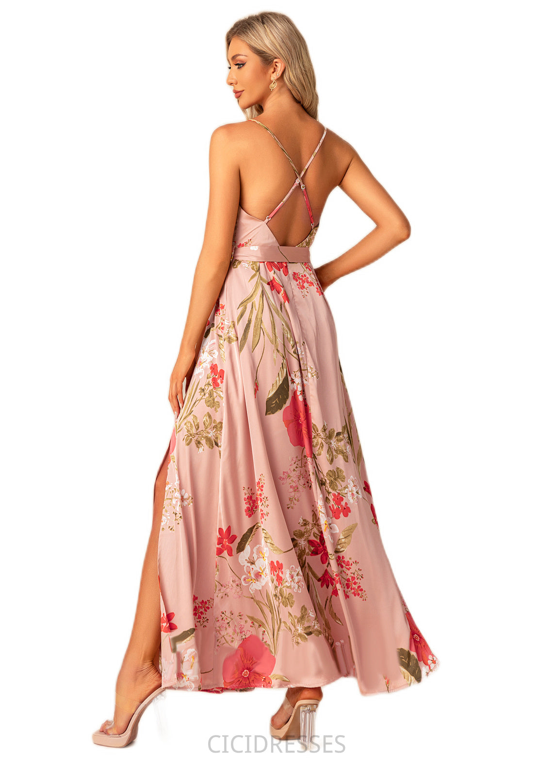 Rayna A-line V-Neck Floor-Length Asymmetrical Satin Bridesmaid Dress With Floral Print CIC8P0022568