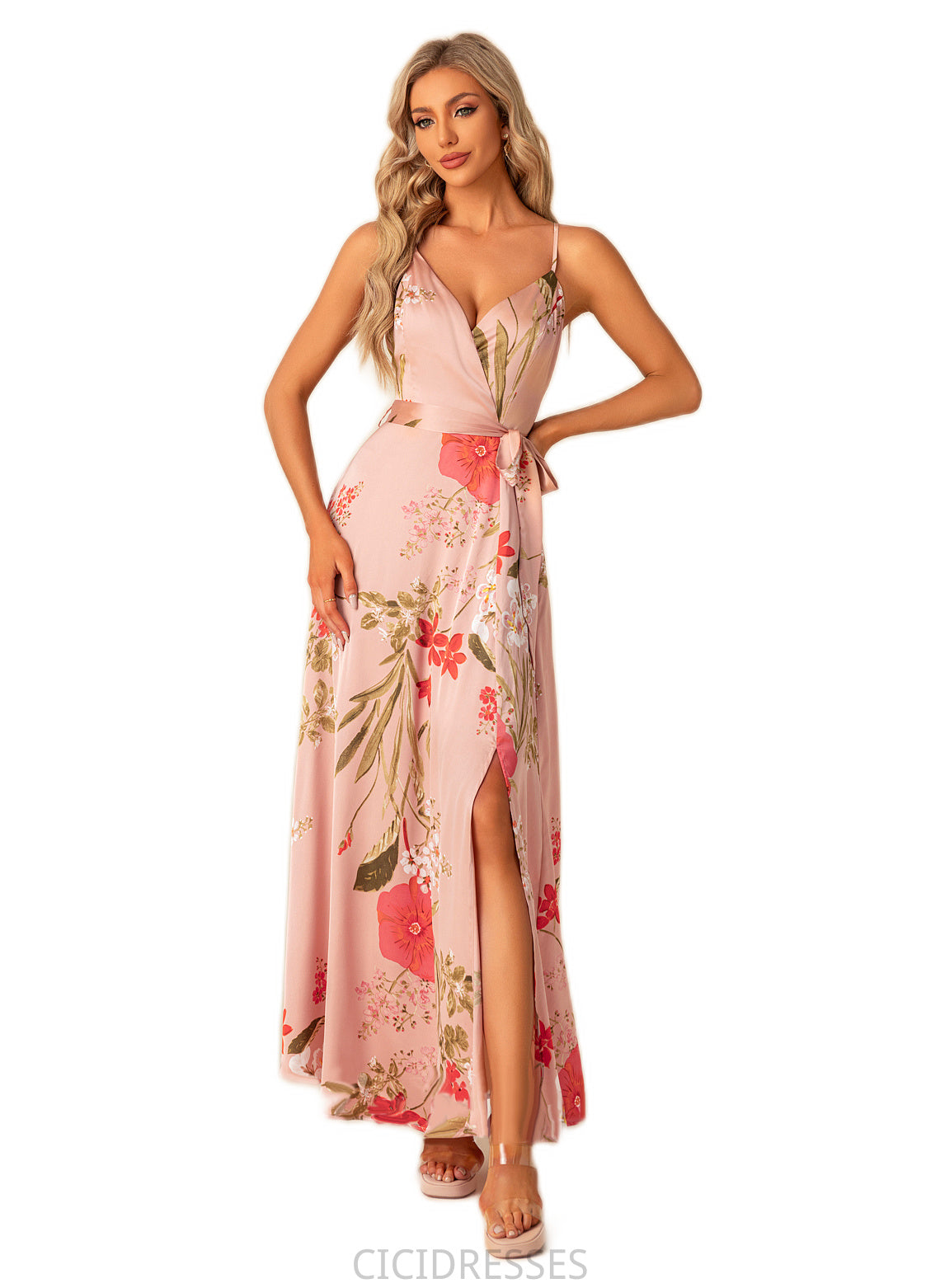Rayna A-line V-Neck Floor-Length Asymmetrical Satin Bridesmaid Dress With Floral Print CIC8P0022568