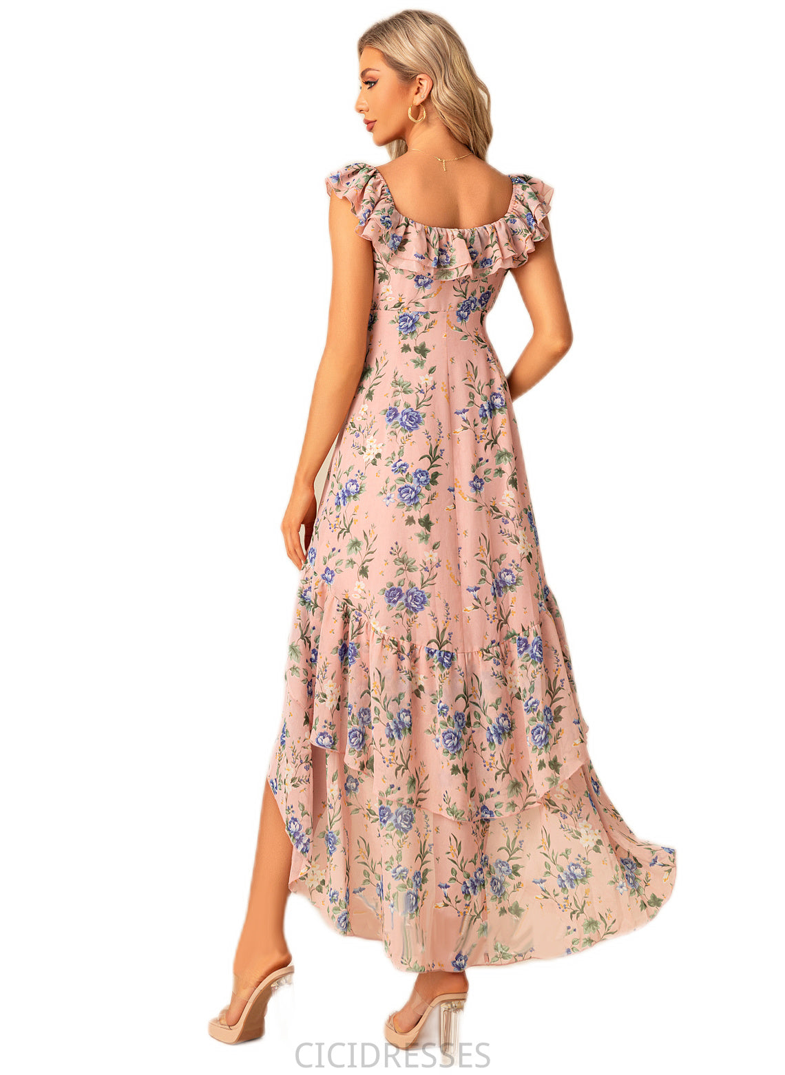 Uerica Trumpet/Mermaid Scoop Straight Floor-Length Asymmetrical Chiffon Bridesmaid Dress With Ruffle Floral Print CIC8P0022569