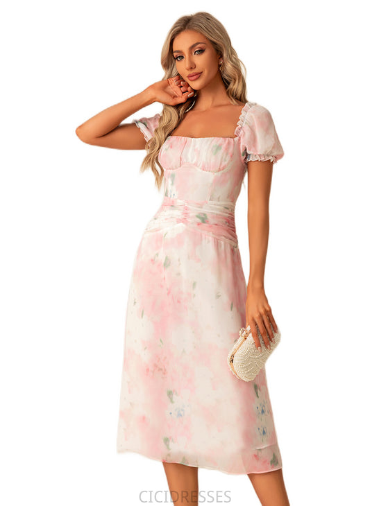 Kiana A-line Square Tea-Length Chiffon Bridesmaid Dress With Floral Print CIC8P0022570