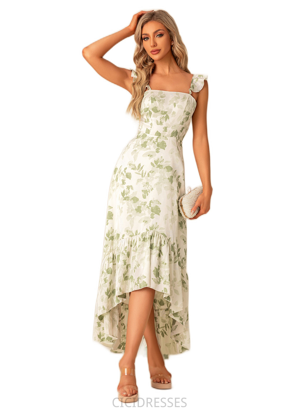 Tabitha A-line Straight Floor-Length Asymmetrical Satin Bridesmaid Dress With Ruffle Floral Print CIC8P0022571