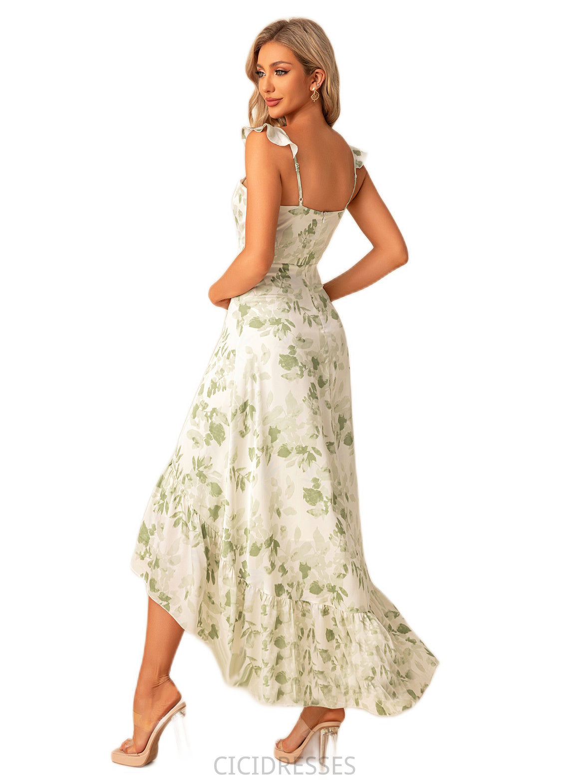 Tabitha A-line Straight Floor-Length Asymmetrical Satin Bridesmaid Dress With Ruffle Floral Print CIC8P0022571