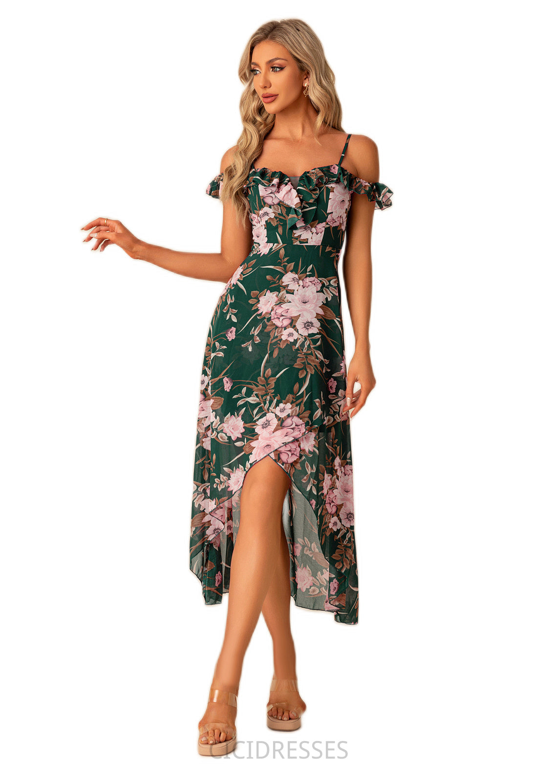 Catherine A-line Sweetheart Tea-Length Asymmetrical Chiffon Bridesmaid Dress With Floral Print Ruffle CIC8P0022572
