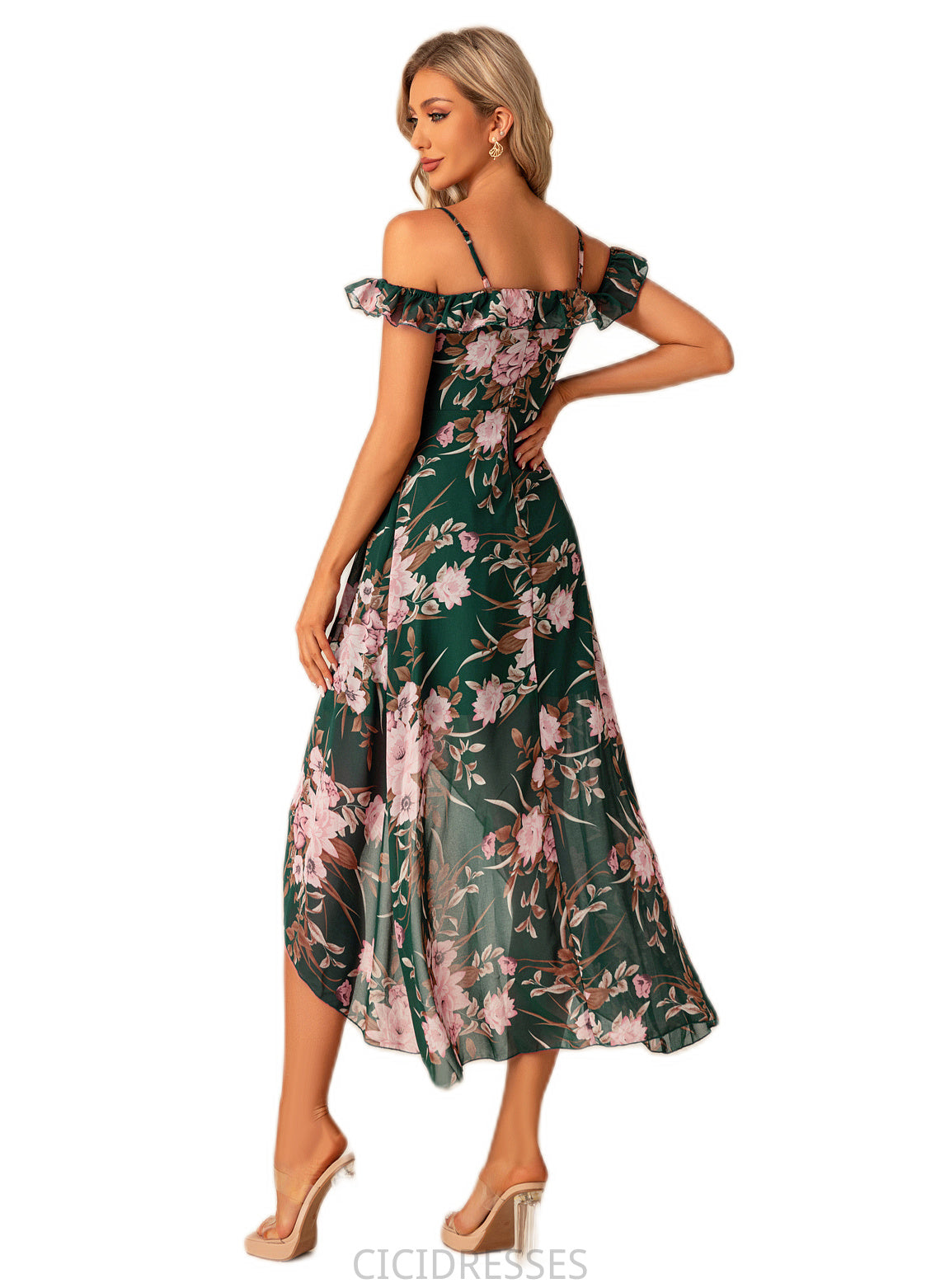 Catherine A-line Sweetheart Tea-Length Asymmetrical Chiffon Bridesmaid Dress With Floral Print Ruffle CIC8P0022572