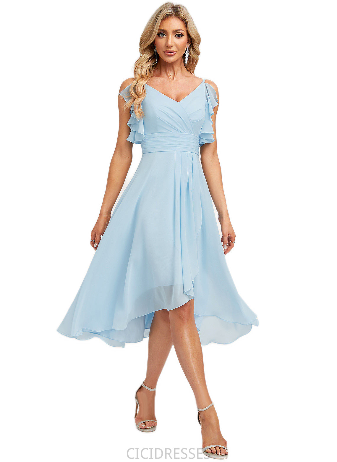 Saniyah A-line V-Neck Floor-Length Chiffon Bridesmaid Dress With Ruffle CIC8P0022573