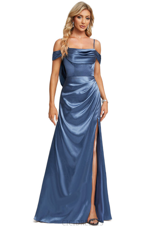 Vivienne A-line Cold Shoulder Floor-Length Stretch Satin Bridesmaid Dress With Ruffle CIC8P0022578