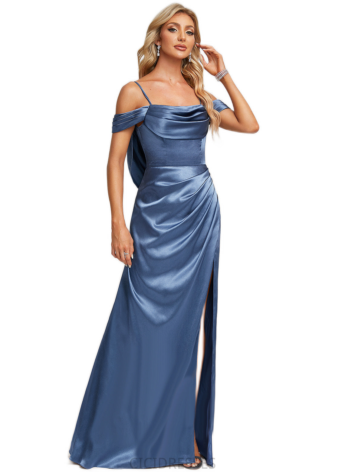 Vivienne A-line Cold Shoulder Floor-Length Stretch Satin Bridesmaid Dress With Ruffle CIC8P0022578