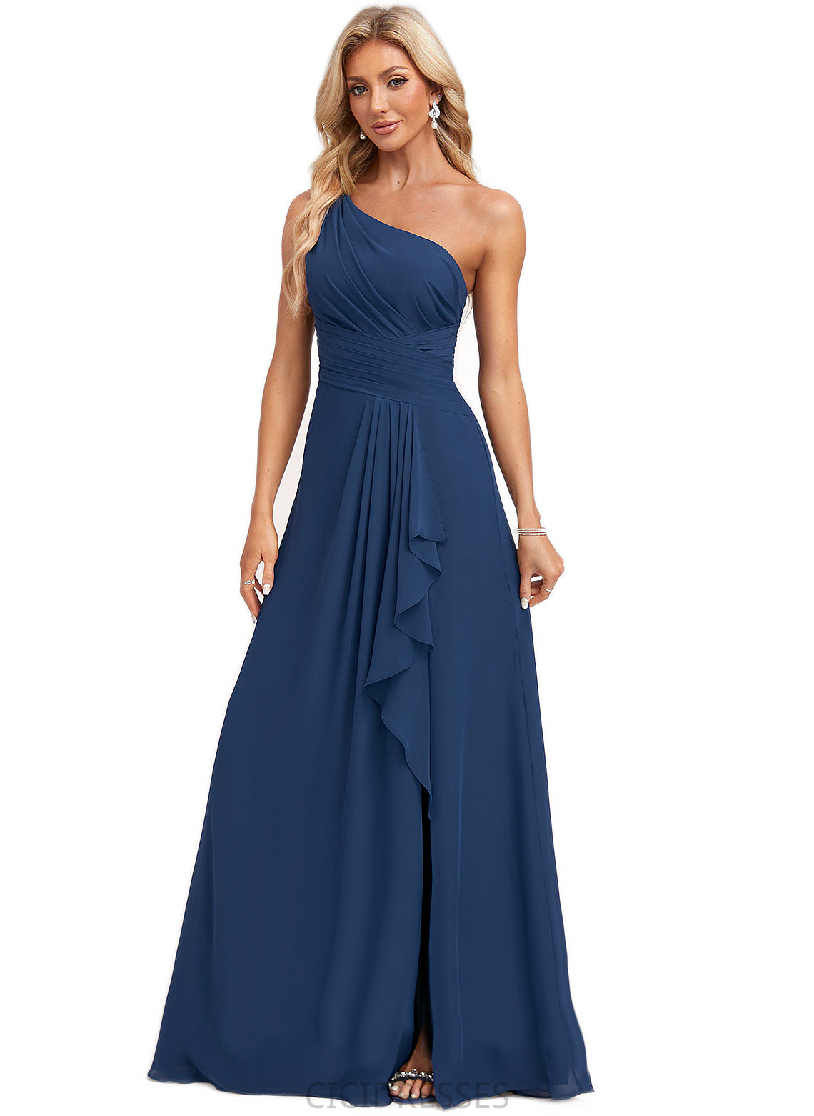 Amelie A-line One Shoulder Floor-Length Chiffon Bridesmaid Dress With Ruffle CIC8P0022581