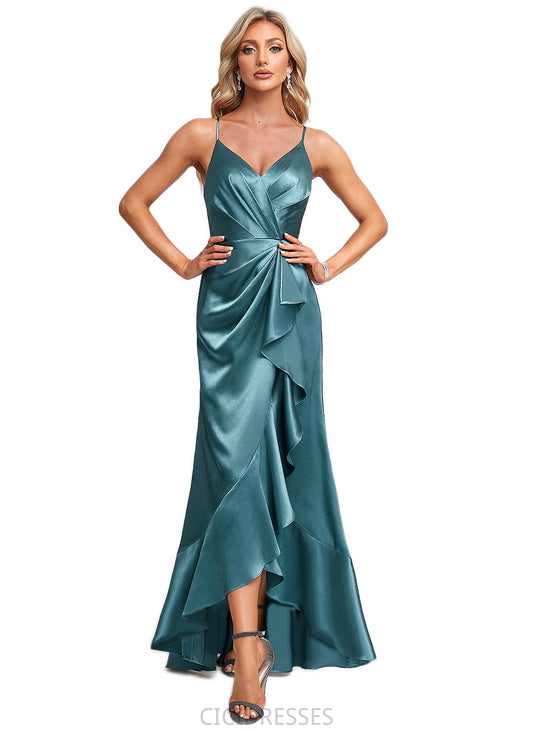 Aniya A-line V-Neck Asymmetrical Stretch Satin Bridesmaid Dress With Ruffle CIC8P0022584