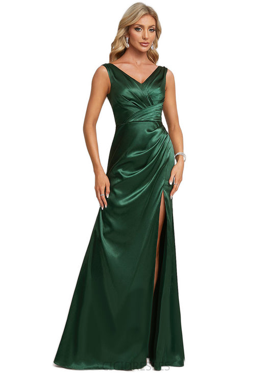 Mary A-line V-Neck Floor-Length Stretch Satin Bridesmaid Dress CIC8P0022590