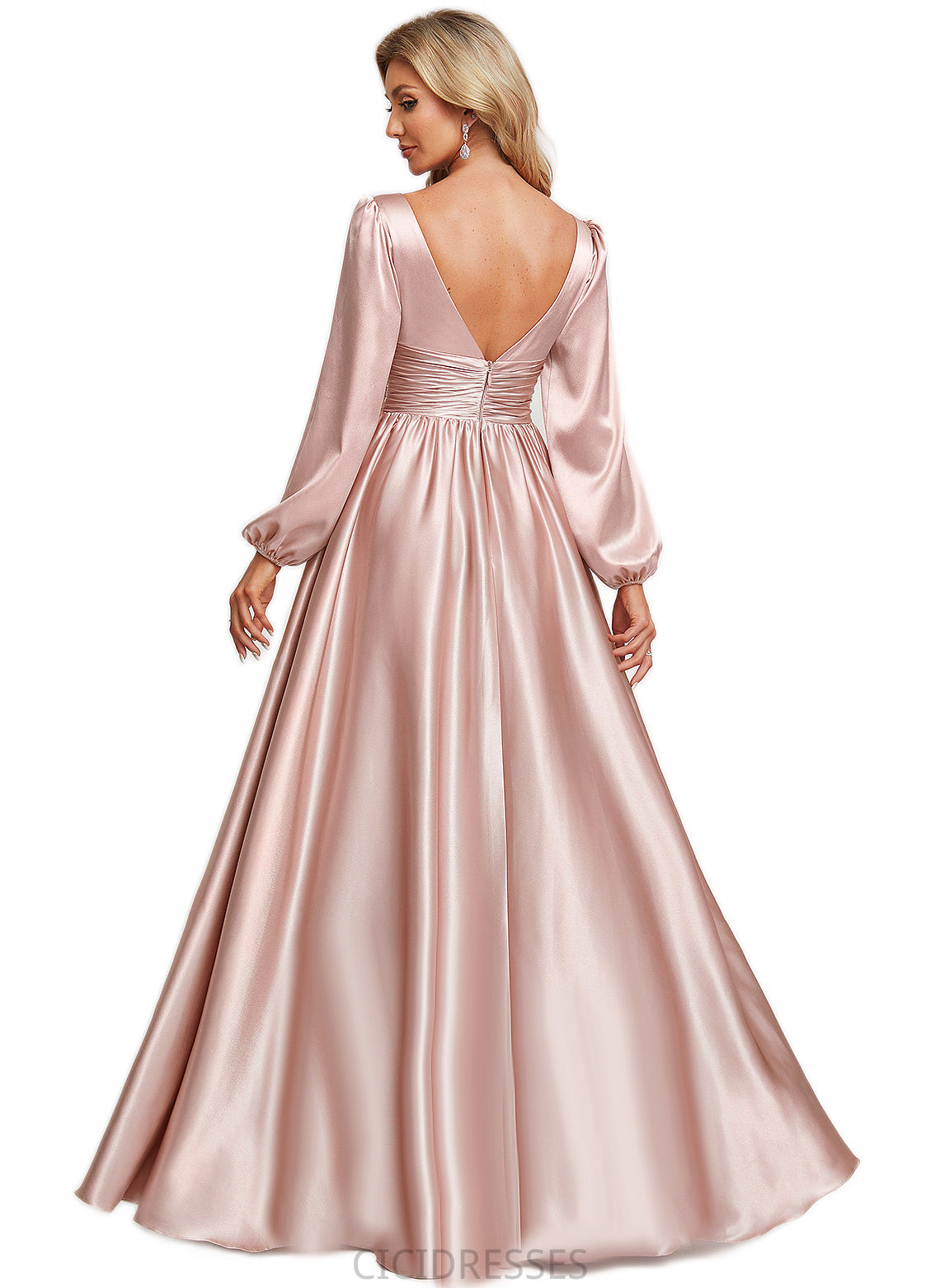 Jordyn A-line V-Neck Floor-Length Stretch Satin Bridesmaid Dress CIC8P0022597