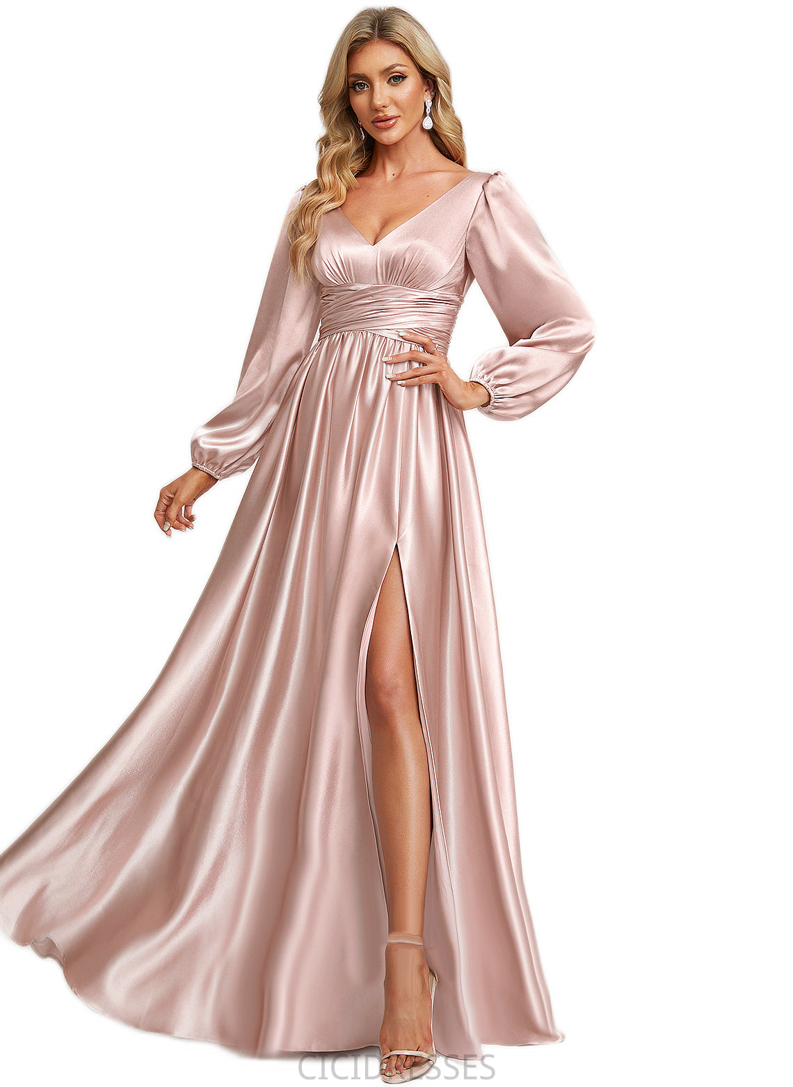 Jordyn A-line V-Neck Floor-Length Stretch Satin Bridesmaid Dress CIC8P0022597