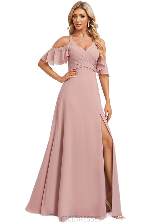 Phoenix A-line Cold Shoulder Floor-Length Chiffon Bridesmaid Dress With Ruffle CIC8P0022599