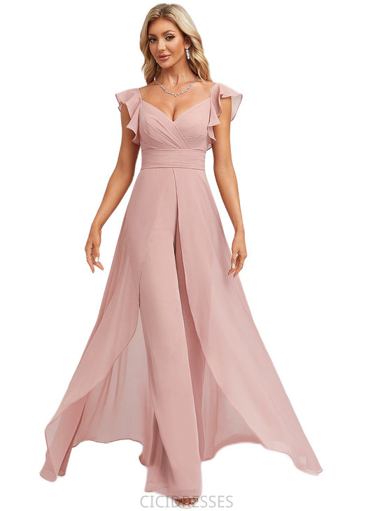 Mareli Jumpsuit/Pantsuit V-Neck Floor-Length Chiffon Bridesmaid Dress With Ruffle CIC8P0022600