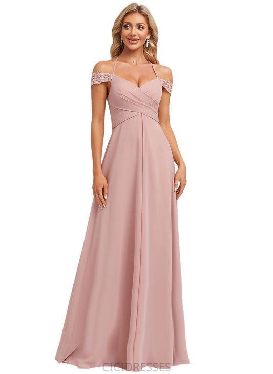 Gabriella A-line Cold Shoulder Halter Floor-Length Chiffon Lace Bridesmaid Dress CIC8P0022601