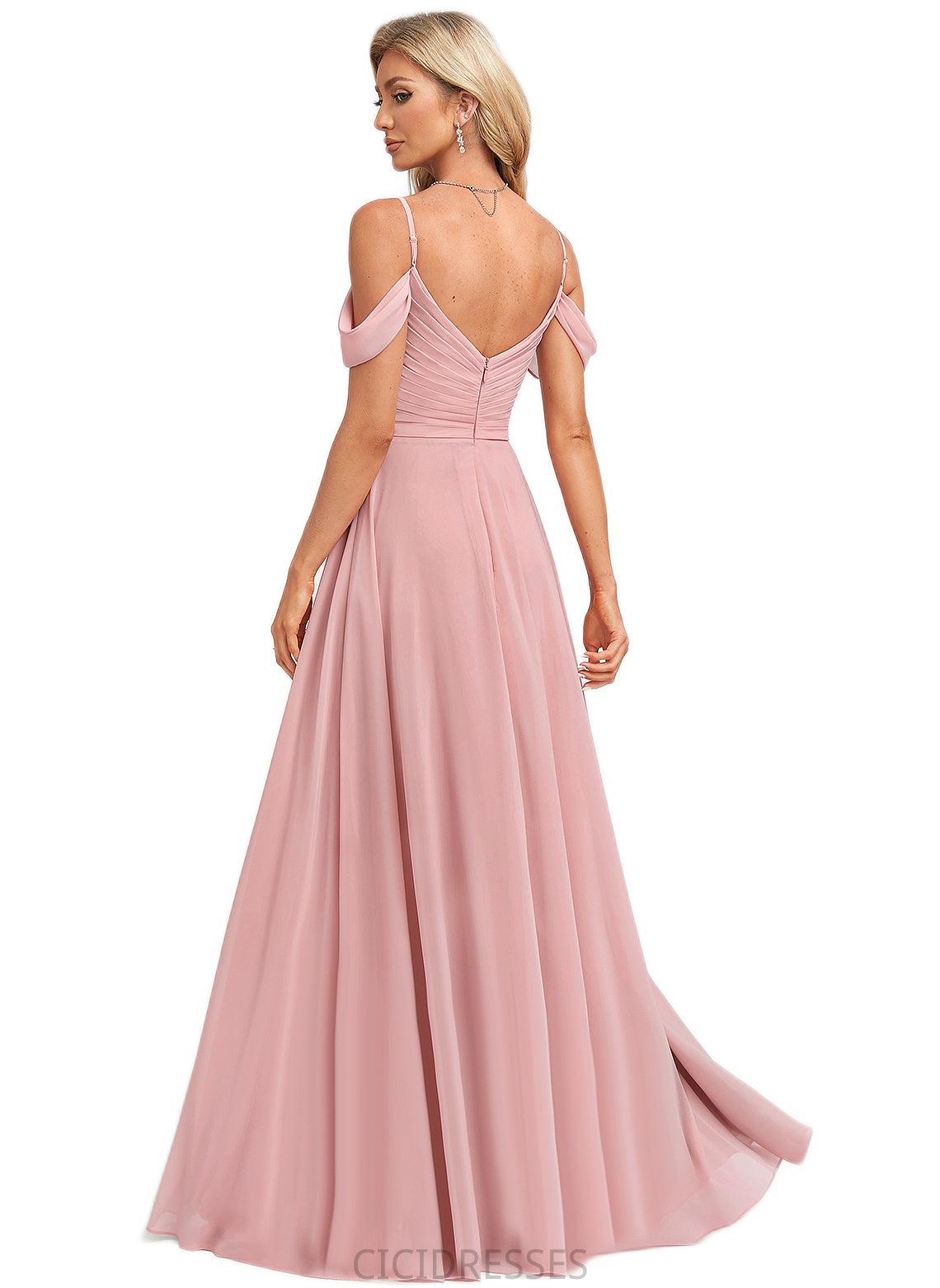 Kelsie A-line Cold Shoulder Floor-Length Chiffon Bridesmaid Dress CIC8P0022602