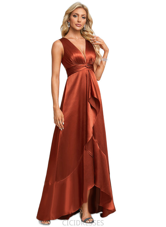 Nora A-line V-Neck Asymmetrical Stretch Satin Bridesmaid Dress With Ruffle CIC8P0022606