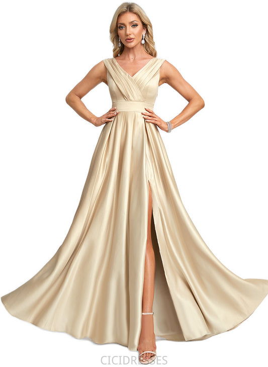 Alani A-line V-Neck Floor-Length Satin Bridesmaid Dress CIC8P0022612
