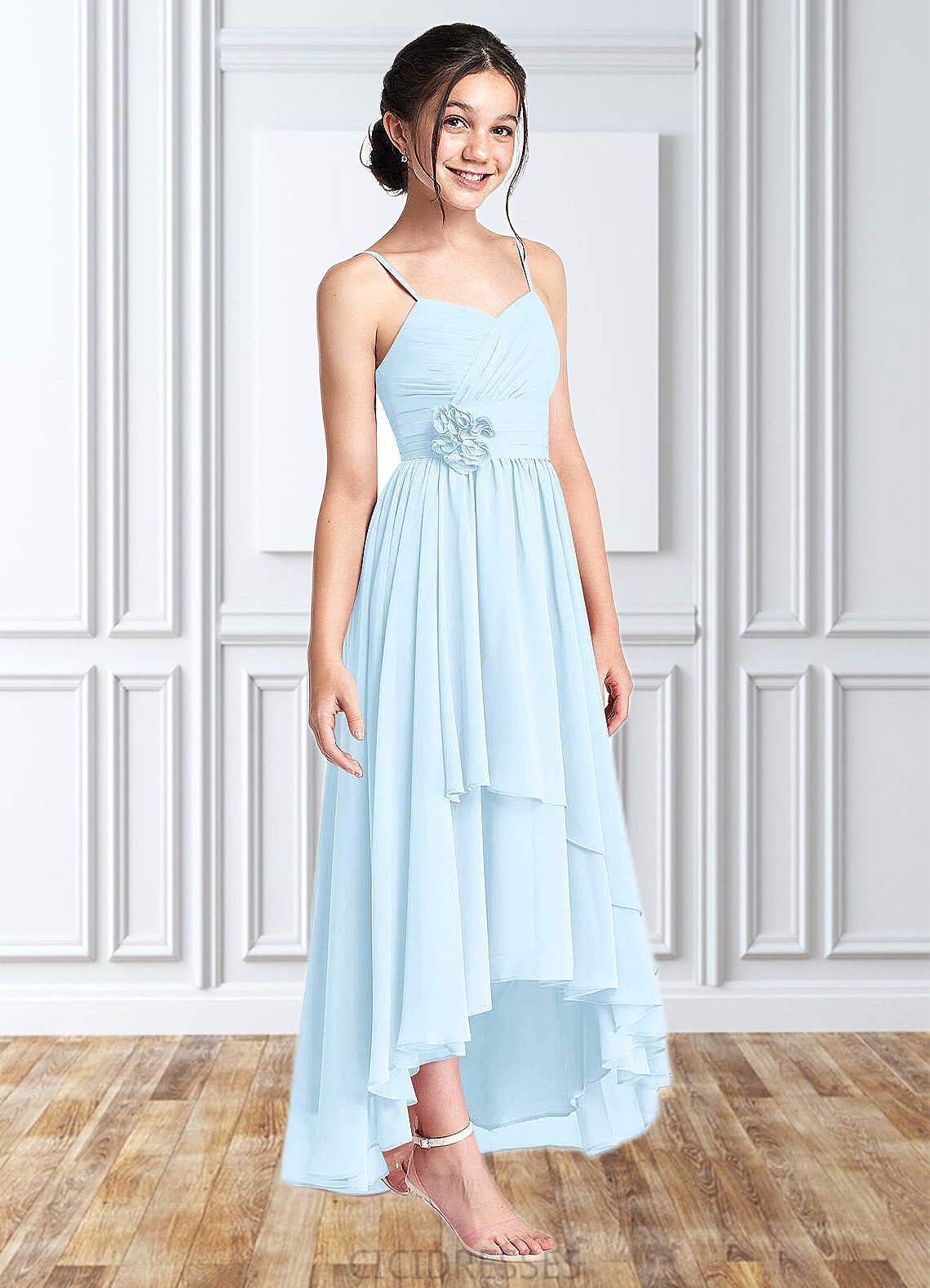 Kaliyah A-Line Ruched Chiffon Asymmetrical Junior Bridesmaid Dress Sky Blue CIC8P0022848