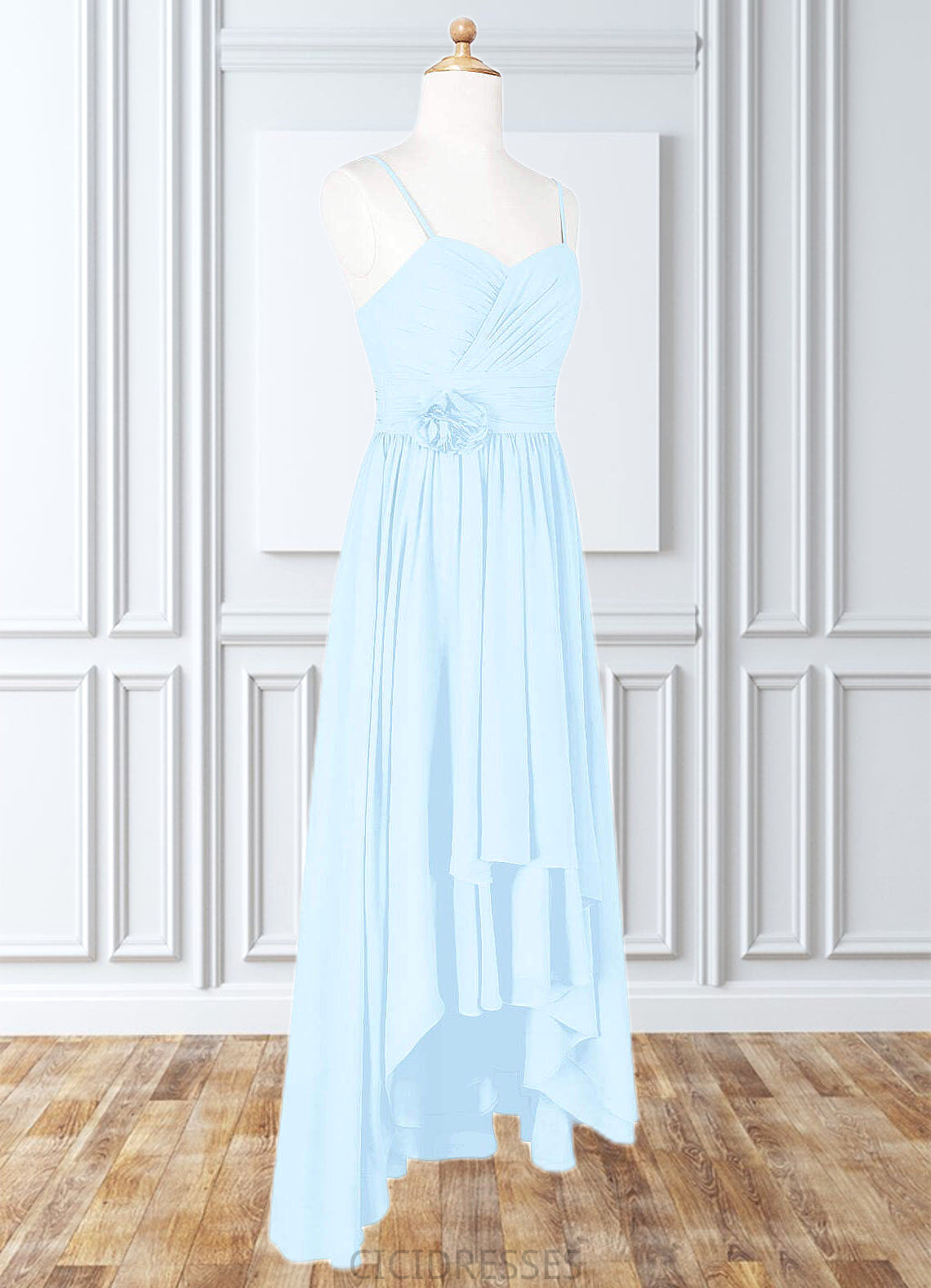 Kaliyah A-Line Ruched Chiffon Asymmetrical Junior Bridesmaid Dress Sky Blue CIC8P0022848
