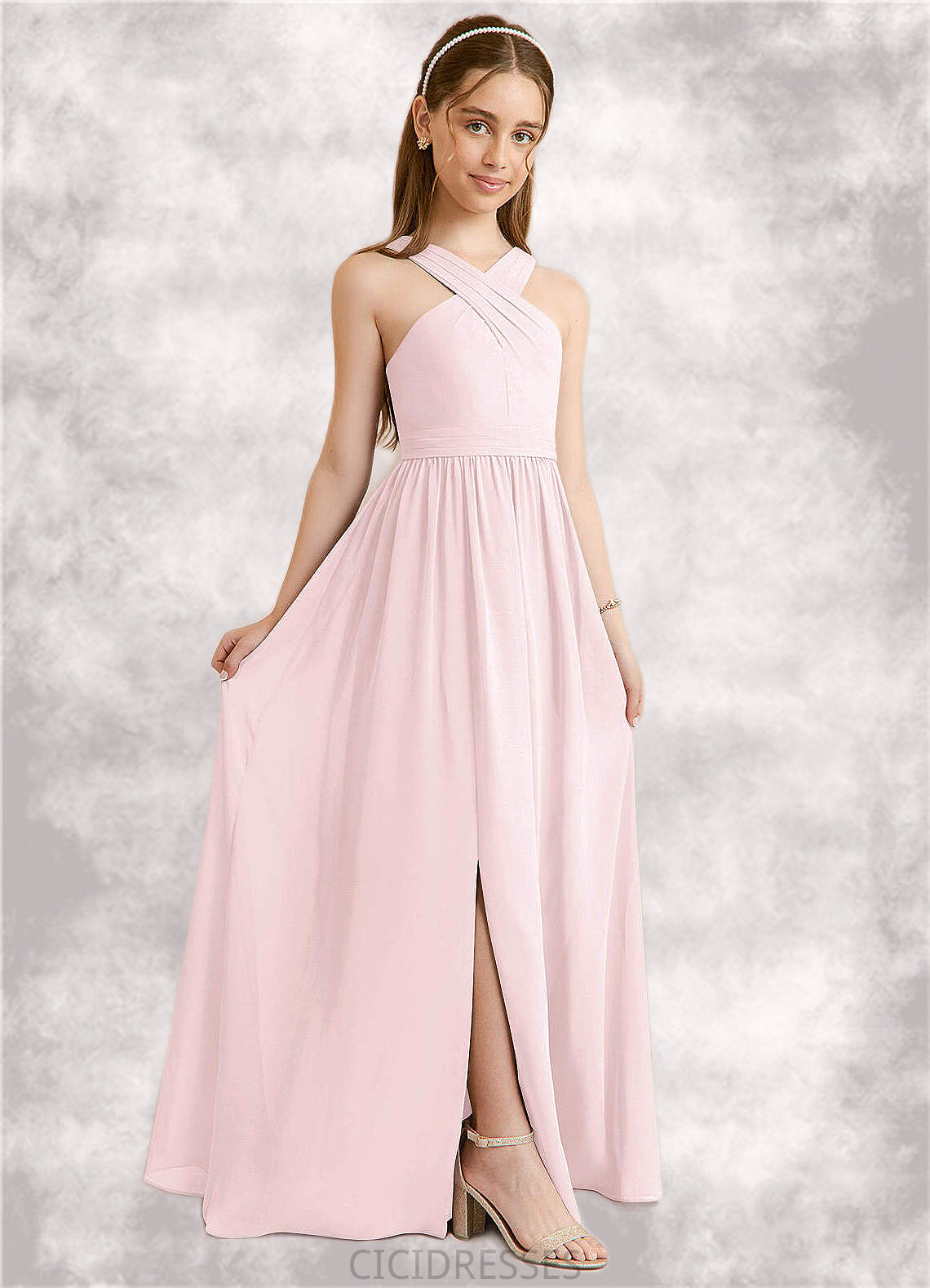 Beatrice A-Line Pleated Chiffon Floor-Length Junior Bridesmaid Dress Blushing Pink CIC8P0022849