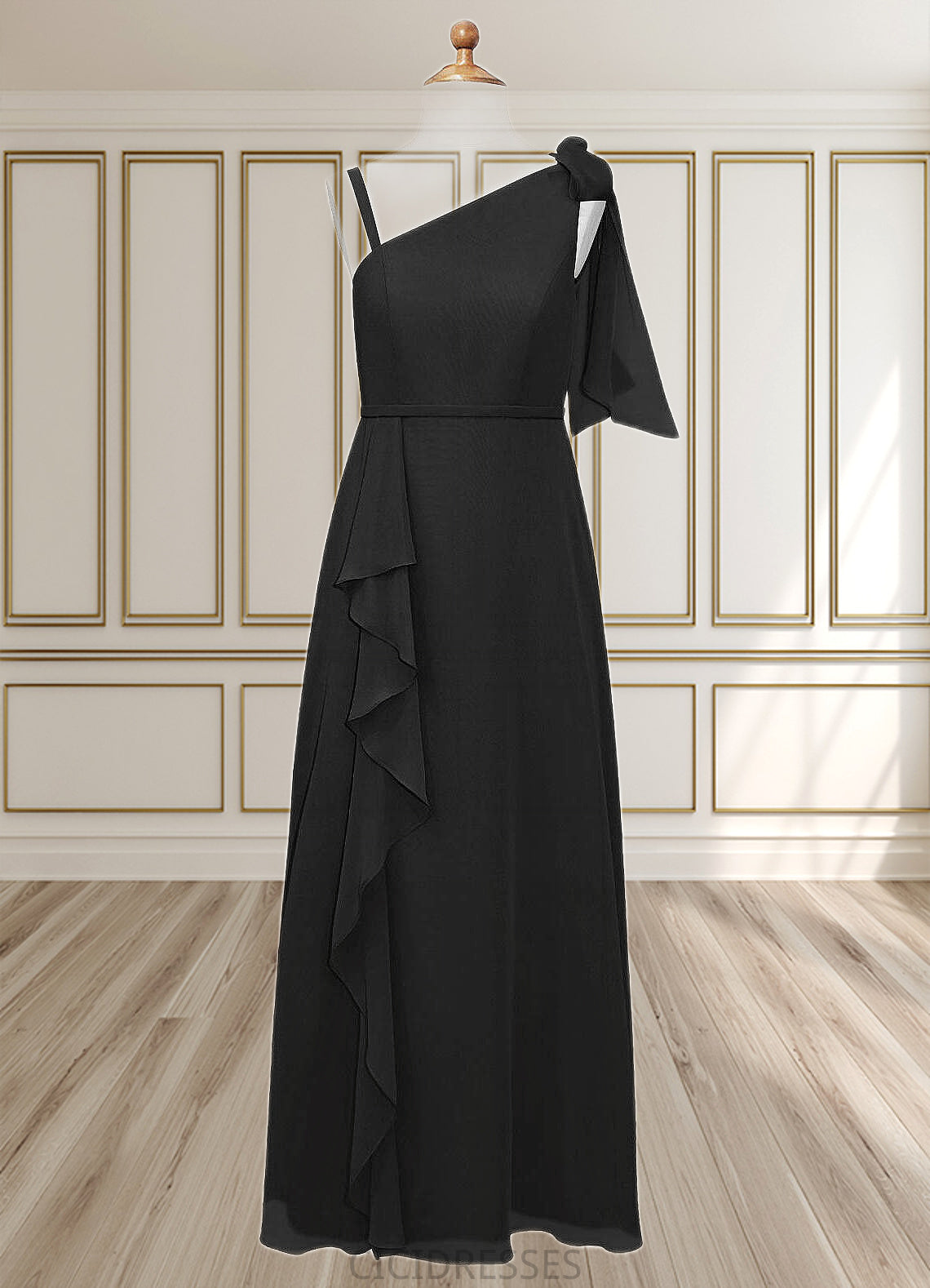 Courtney A-Line Bow Chiffon Floor-Length Junior Bridesmaid Dress black CIC8P0022850