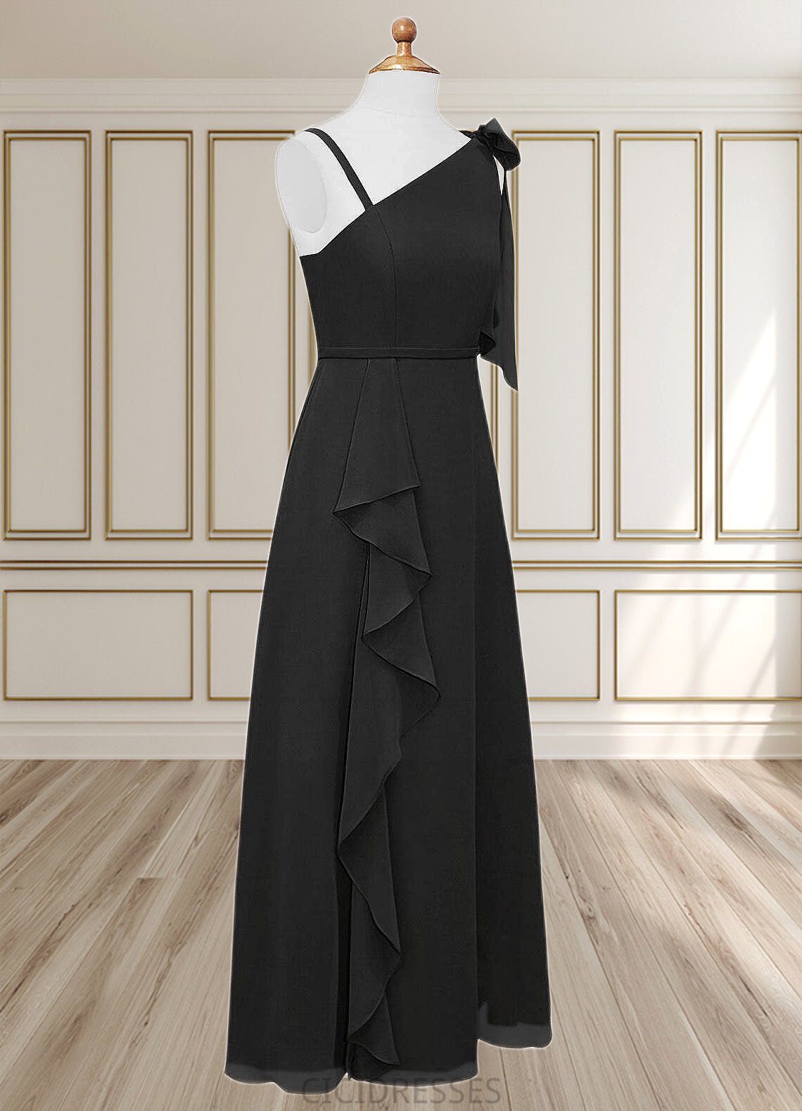 Courtney A-Line Bow Chiffon Floor-Length Junior Bridesmaid Dress black CIC8P0022850