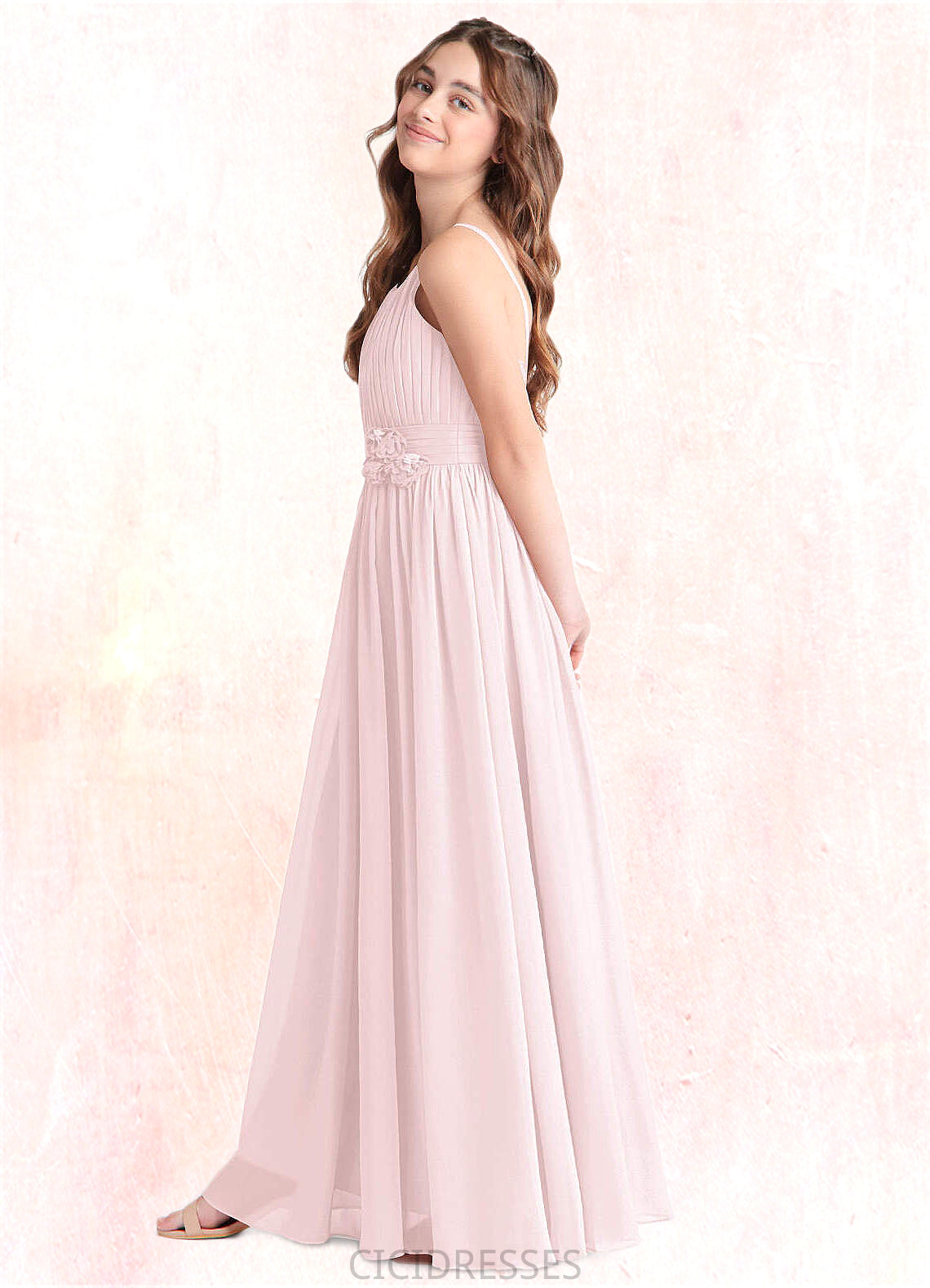 Caitlyn A-Line Floral Chiffon Floor-Length Junior Bridesmaid Dress Blushing Pink CIC8P0022851