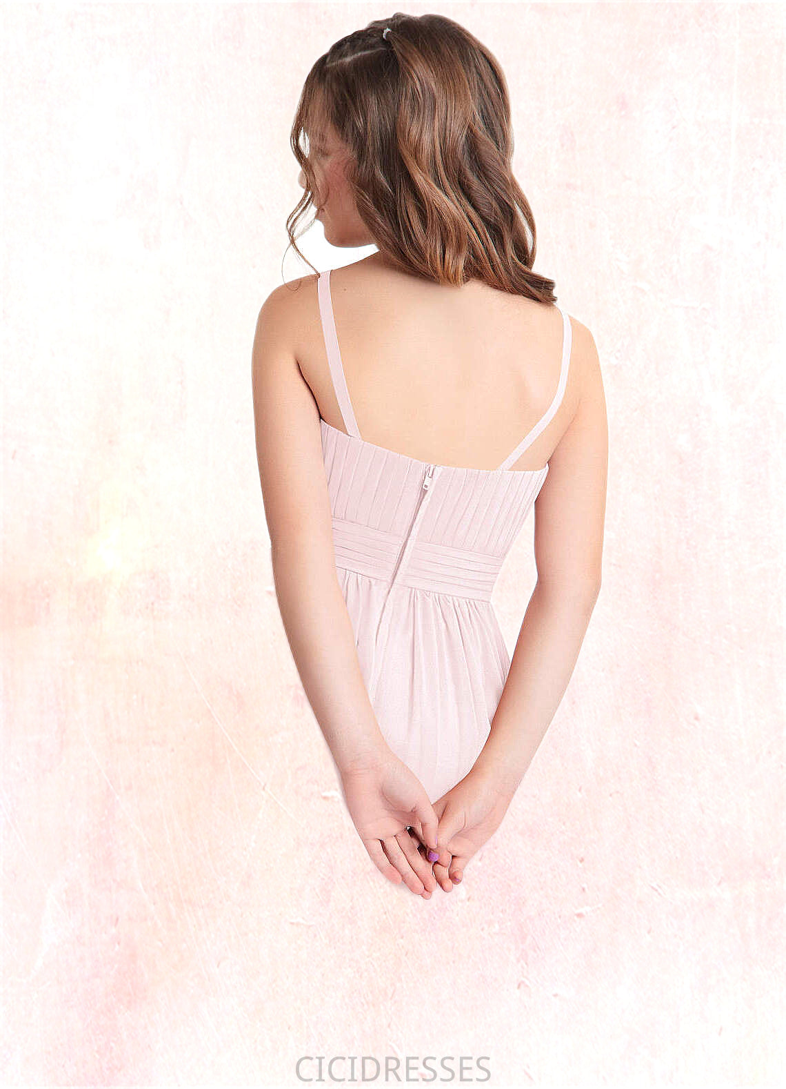 Caitlyn A-Line Floral Chiffon Floor-Length Junior Bridesmaid Dress Blushing Pink CIC8P0022851