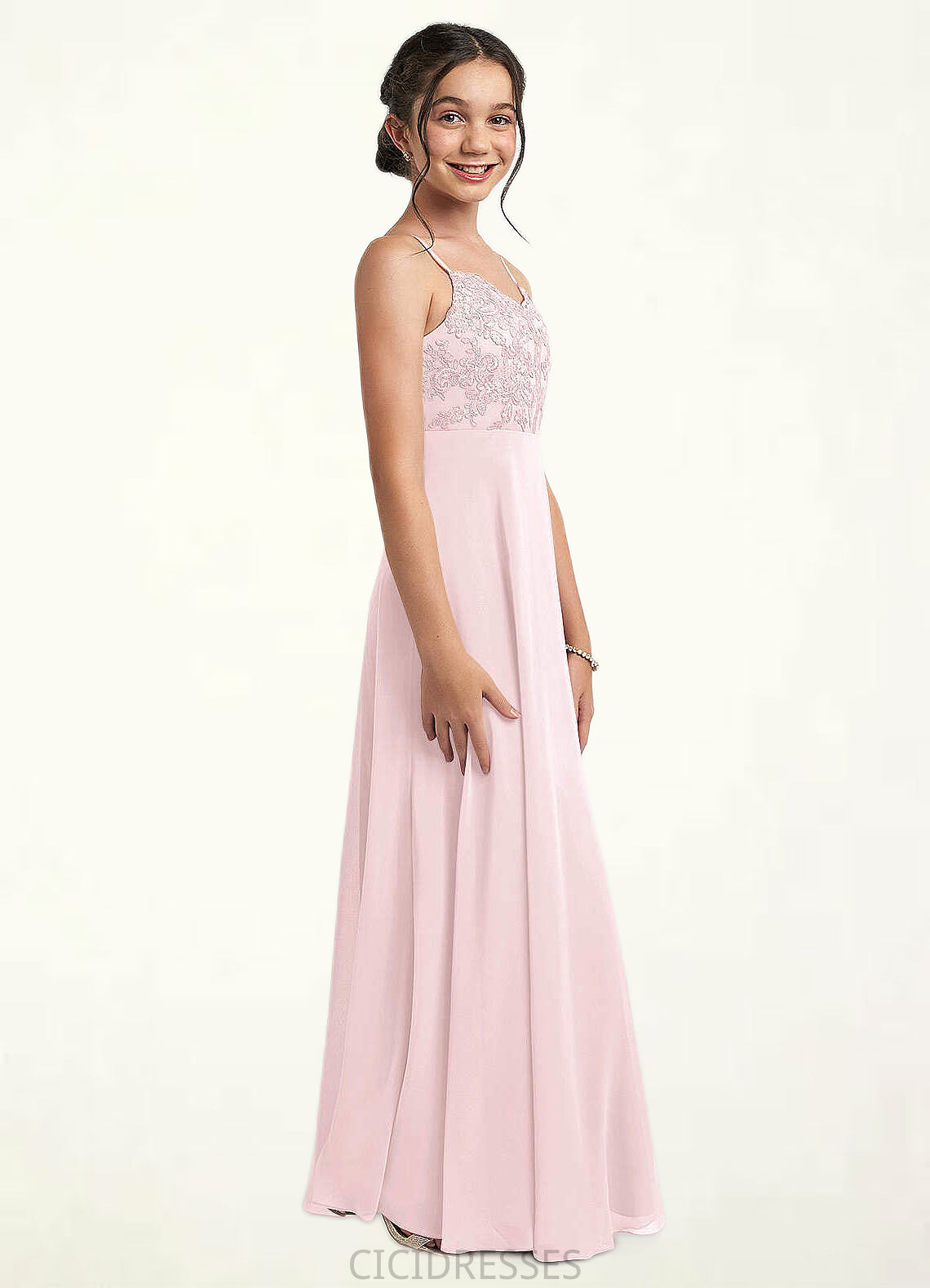 Brynn A-Line Lace Chiffon Floor-Length Junior Bridesmaid Dress Blushing Pink CIC8P0022853
