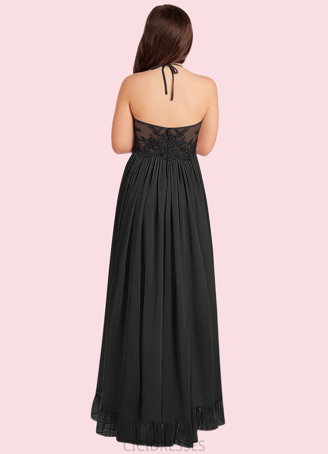 Kendall A-Line Lace Chiffon Asymmetrical Junior Bridesmaid Dress black CIC8P0022855