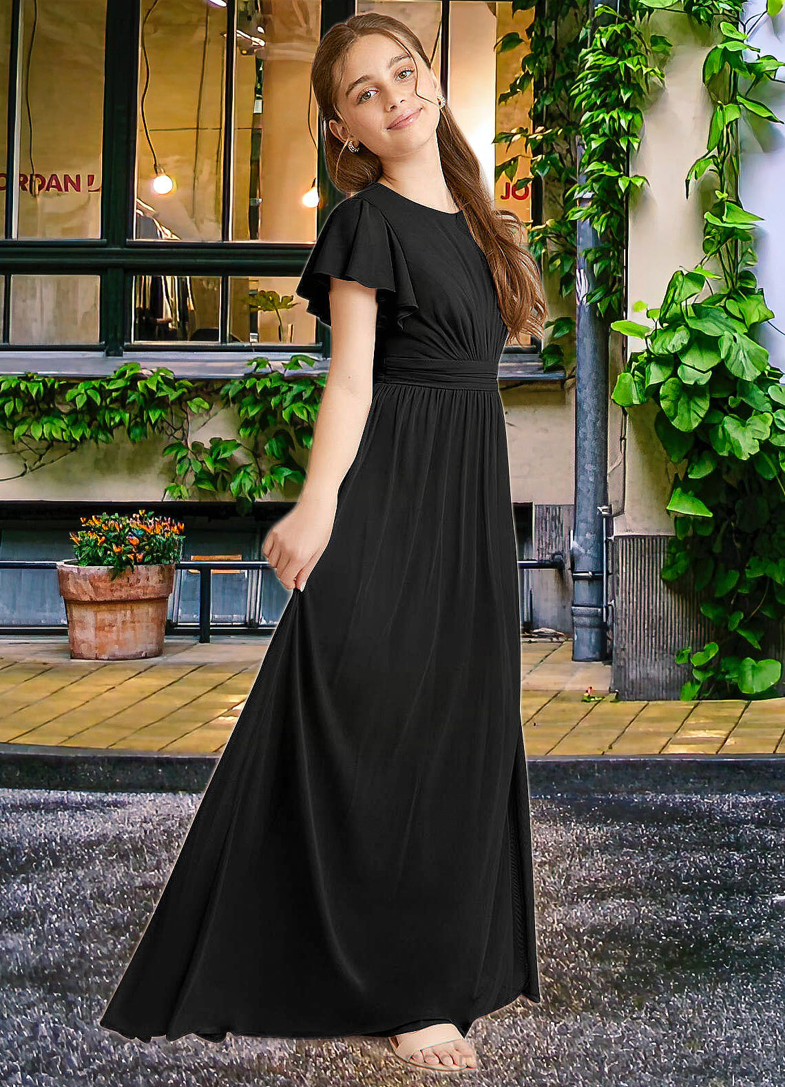 Dania A-Line Ruched Mesh Floor-Length Junior Bridesmaid Dress black CIC8P0022857