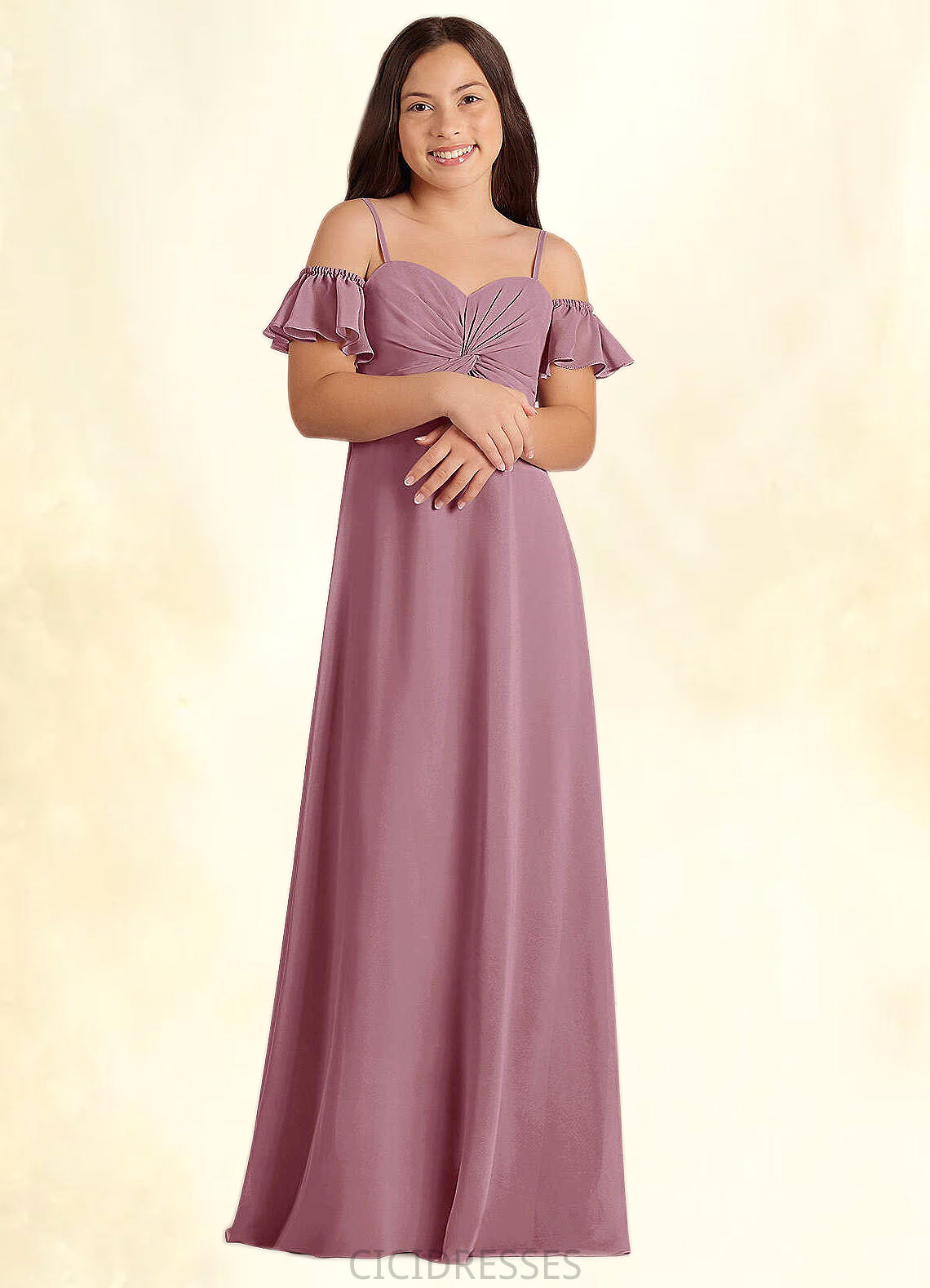 Kenzie A-Line Off the Shoulder Chiffon Floor-Length Junior Bridesmaid Dress Vintage Mauve CIC8P0022859