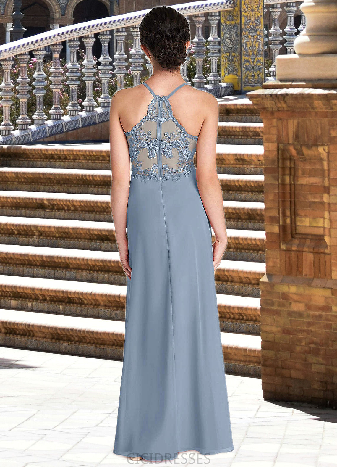 Gisselle A-Line Lace Chiffon Floor-Length Junior Bridesmaid Dress dusty blue CIC8P0022860