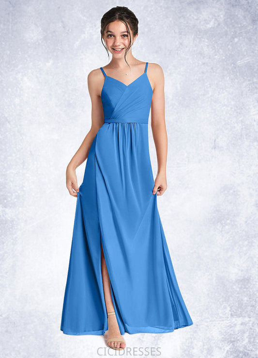Elaina Pleated Mesh Floor-Length Junior Bridesmaid Dress Blue Jay CIC8P0022861
