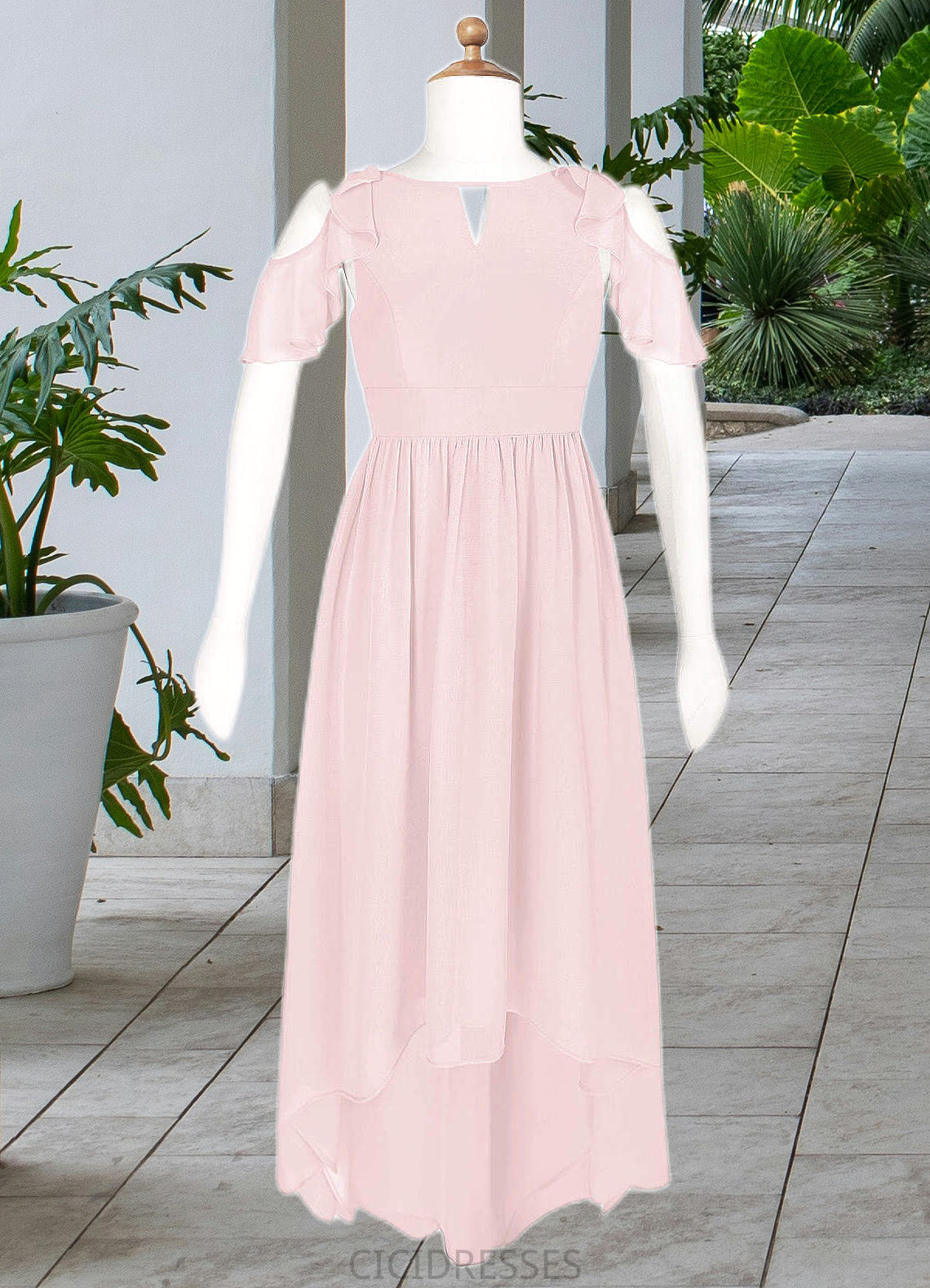 Nadine A-Line Ruched Chiffon Asymmetrical Junior Bridesmaid Dress Blushing Pink CIC8P0022862