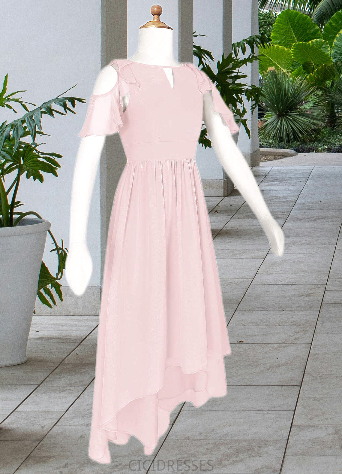 Nadine A-Line Ruched Chiffon Asymmetrical Junior Bridesmaid Dress Blushing Pink CIC8P0022862