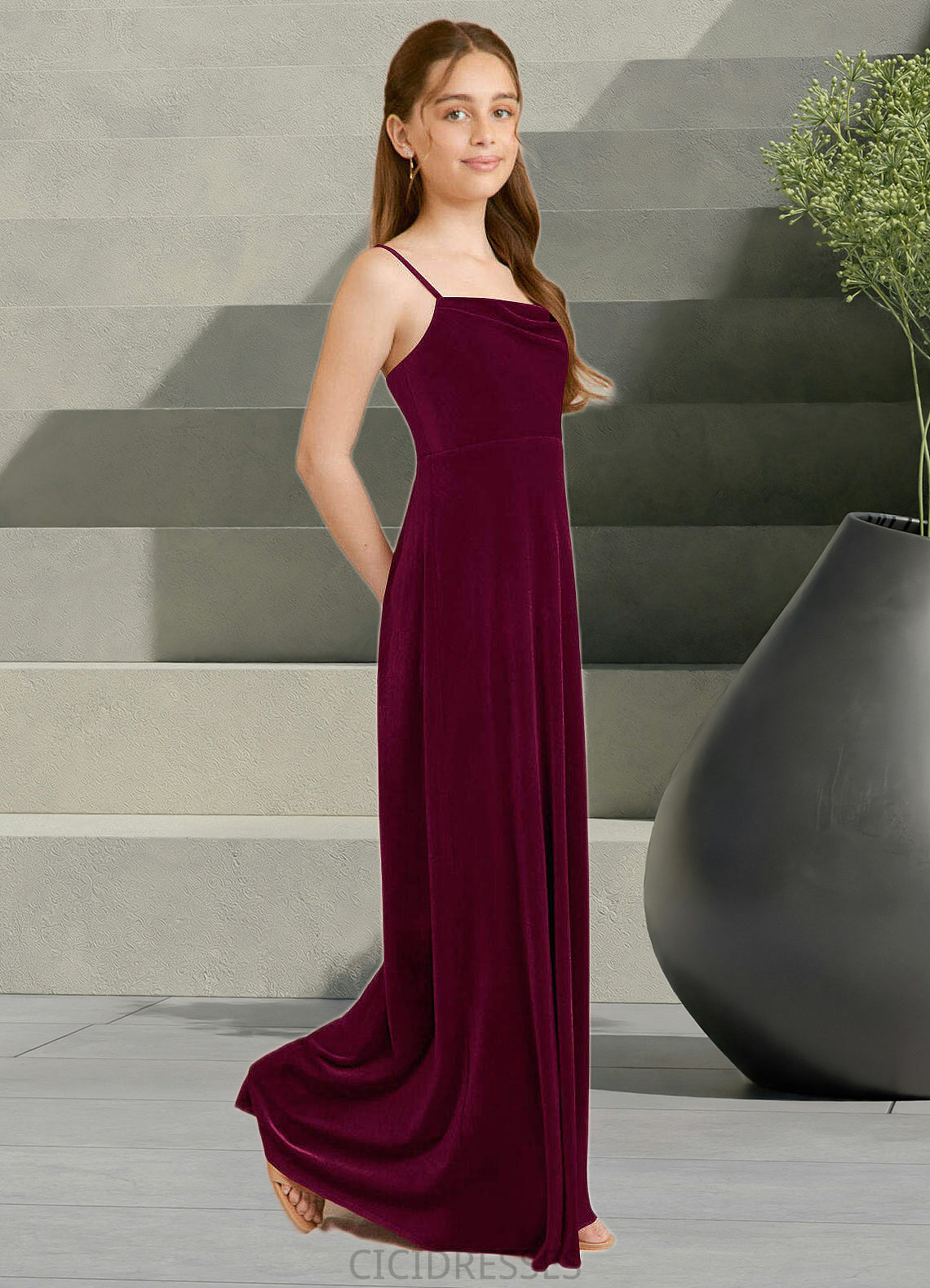 Corinne A-Line Velvet Floor-Length Junior Bridesmaid Dress Cabernet CIC8P0022870