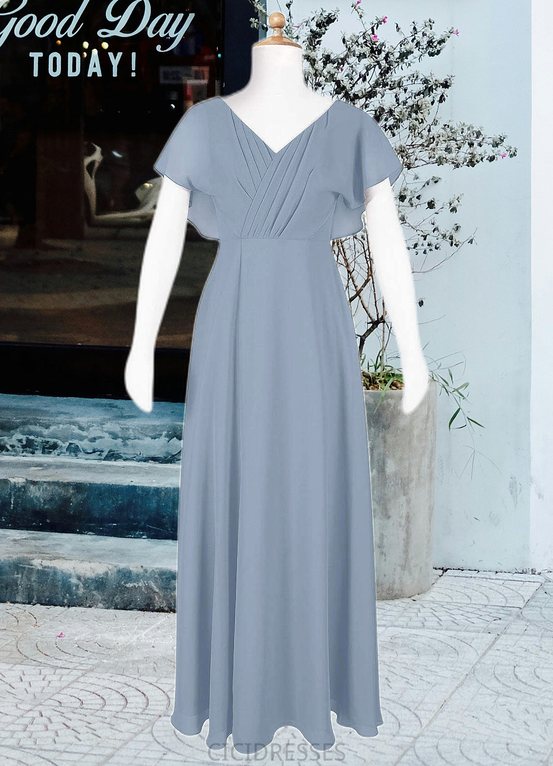 Emilia A-Line Ruched Chiffon Floor-Length Junior Bridesmaid Dress dusty blue CIC8P0022872
