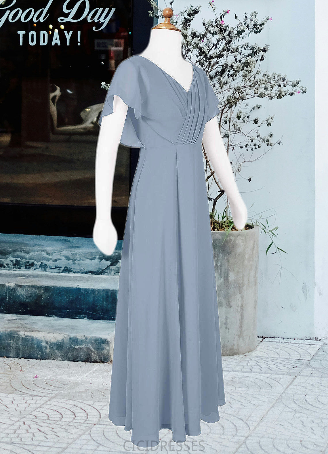 Emilia A-Line Ruched Chiffon Floor-Length Junior Bridesmaid Dress dusty blue CIC8P0022872