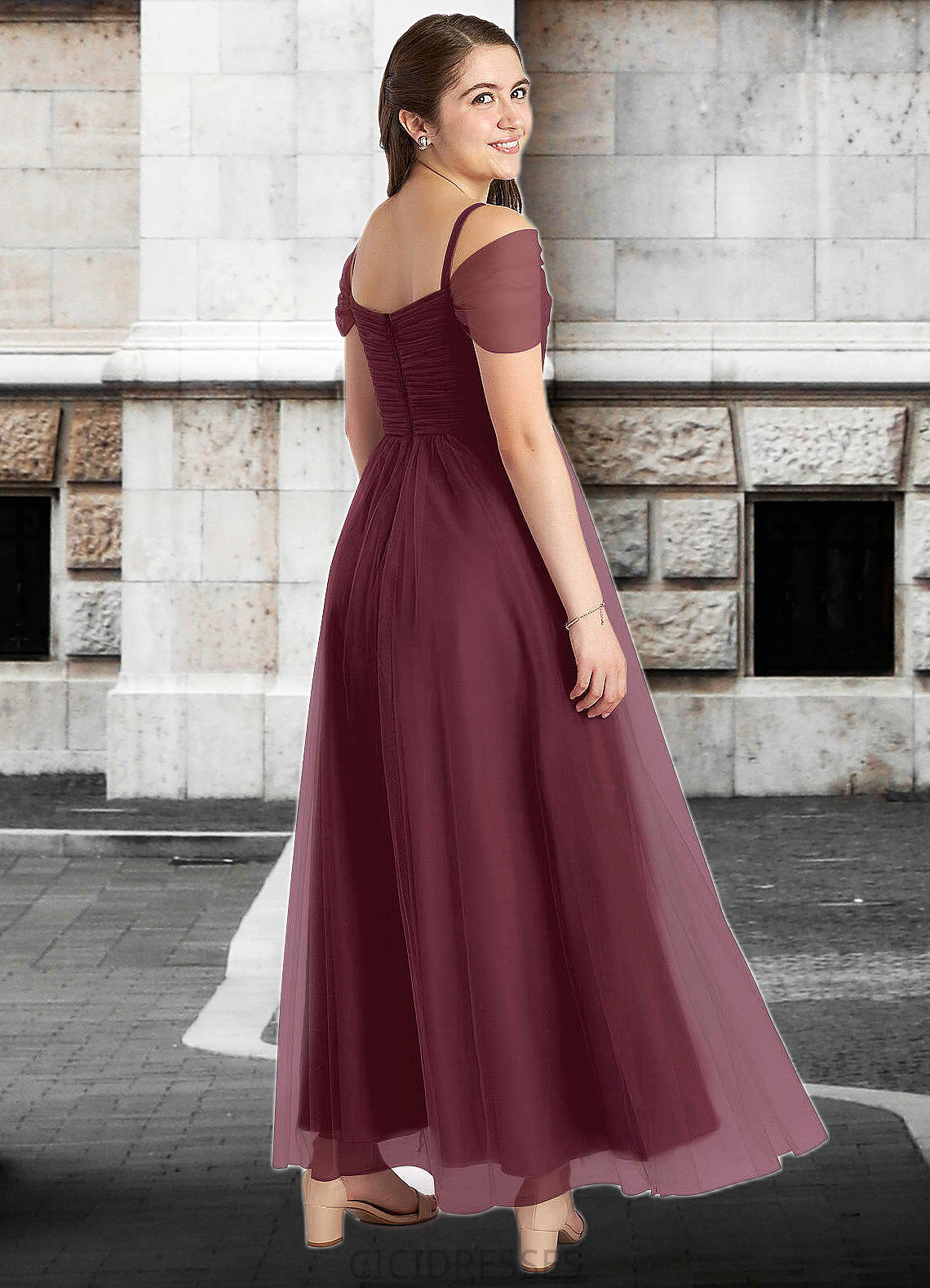 Taliyah A-Line Off the Shoulder Tulle Floor-Length Junior Bridesmaid Dress Cabernet CIC8P0022873