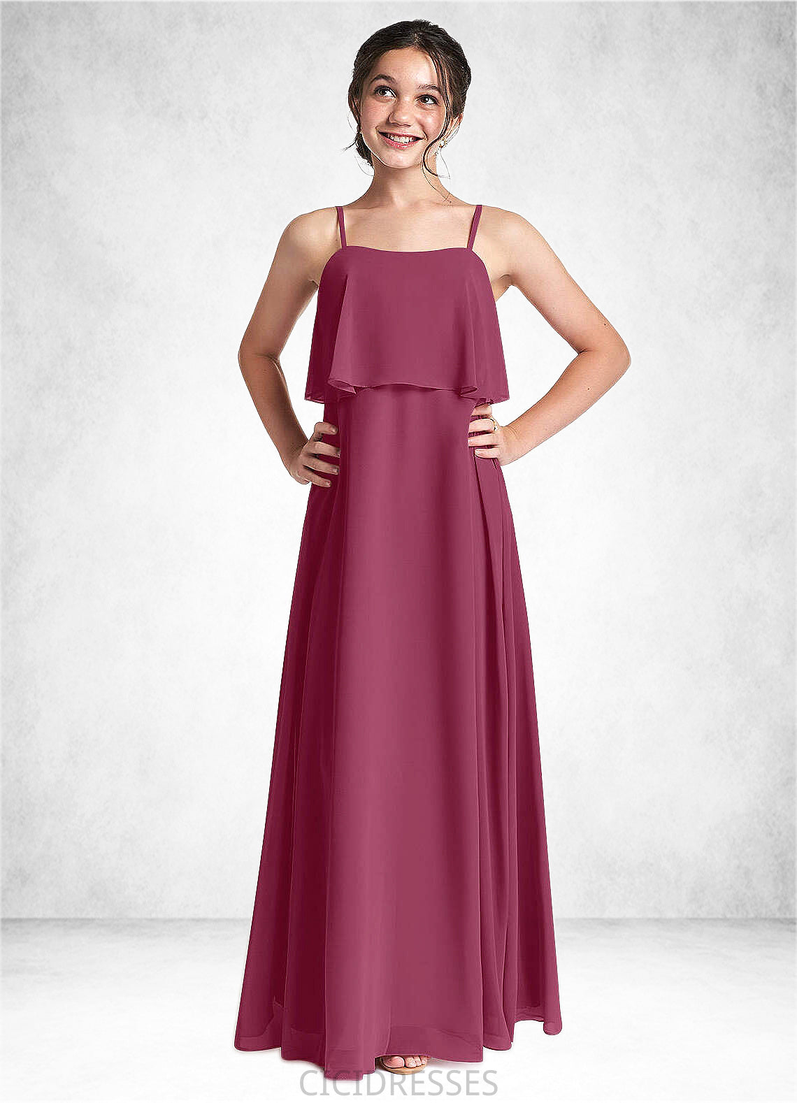Tiana A-Line Ruched Chiffon Floor-Length Junior Bridesmaid Dress Mulberry CIC8P0022874