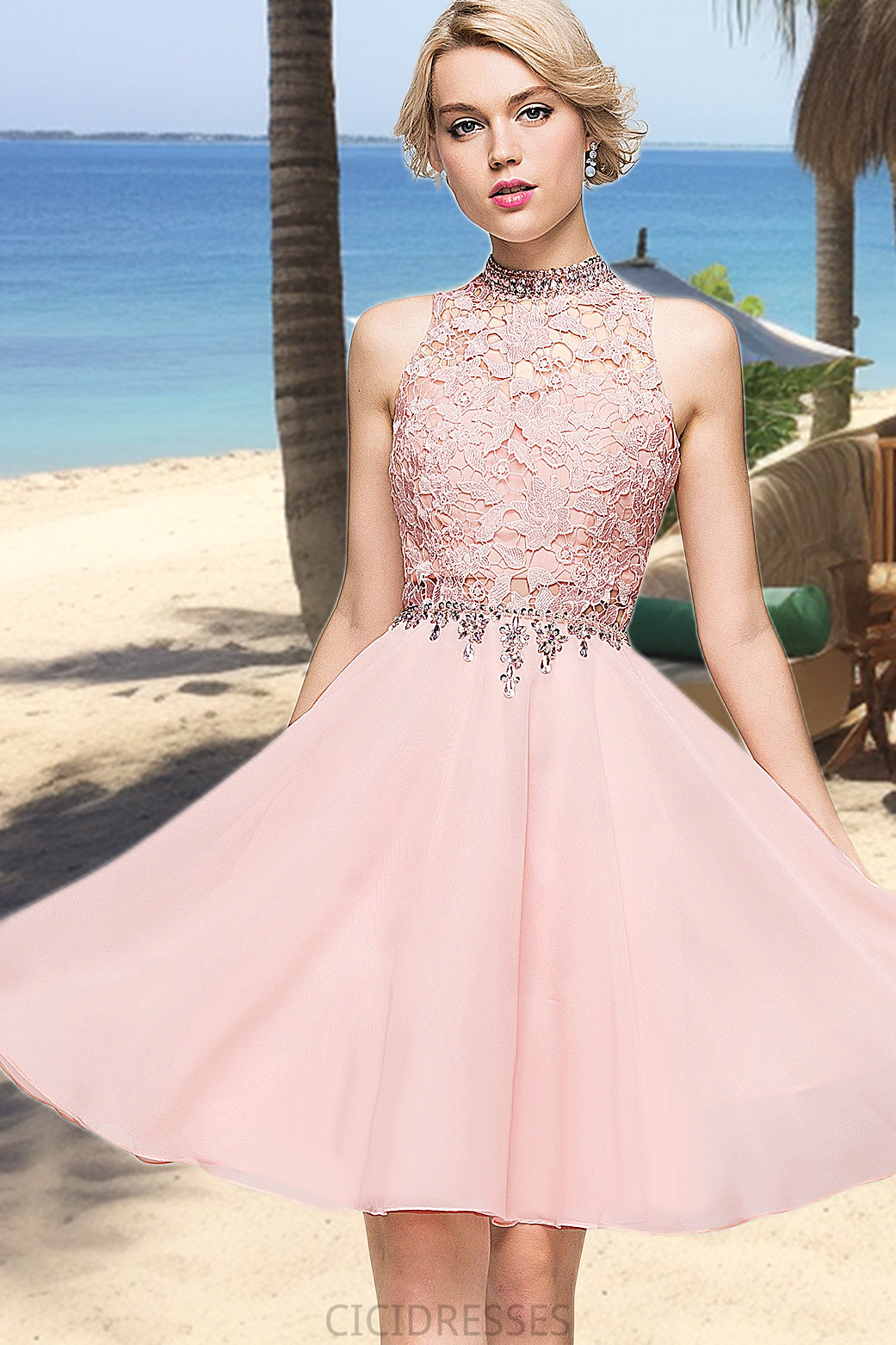 Kierra A-line High Neck Knee-Length Chiffon Lace Homecoming Dress With Beading Sequins CIC8P0020596