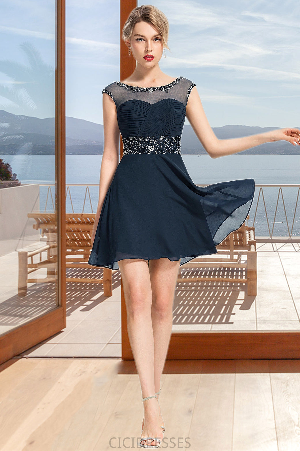 Ruby A-line Scoop Short/Mini Chiffon Homecoming Dress With Beading Sequins CIC8P0020586